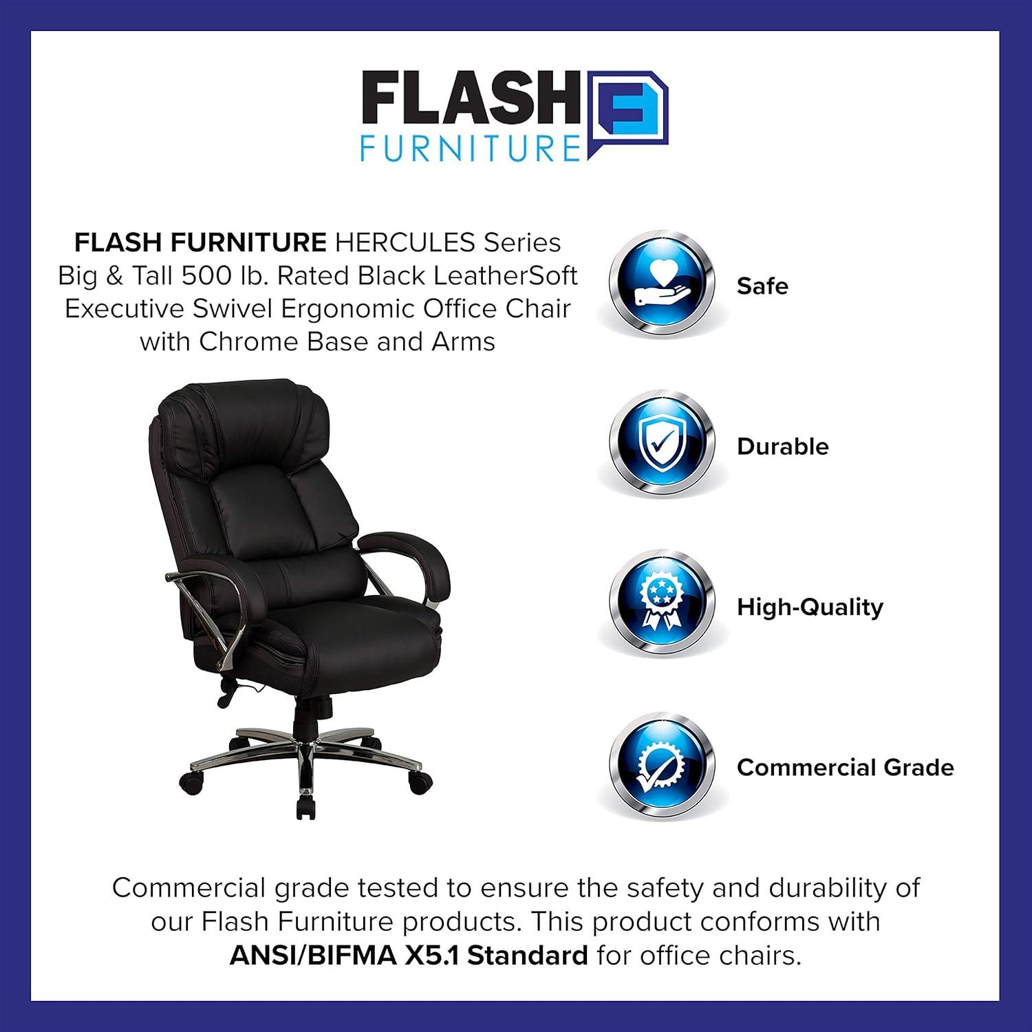 Flash Furniture HERCULES Series Big & Tall 500 lb. Rated Black LeatherSoft Executive Swivel Ergonomic Office Chair with Chrome Base and Arms