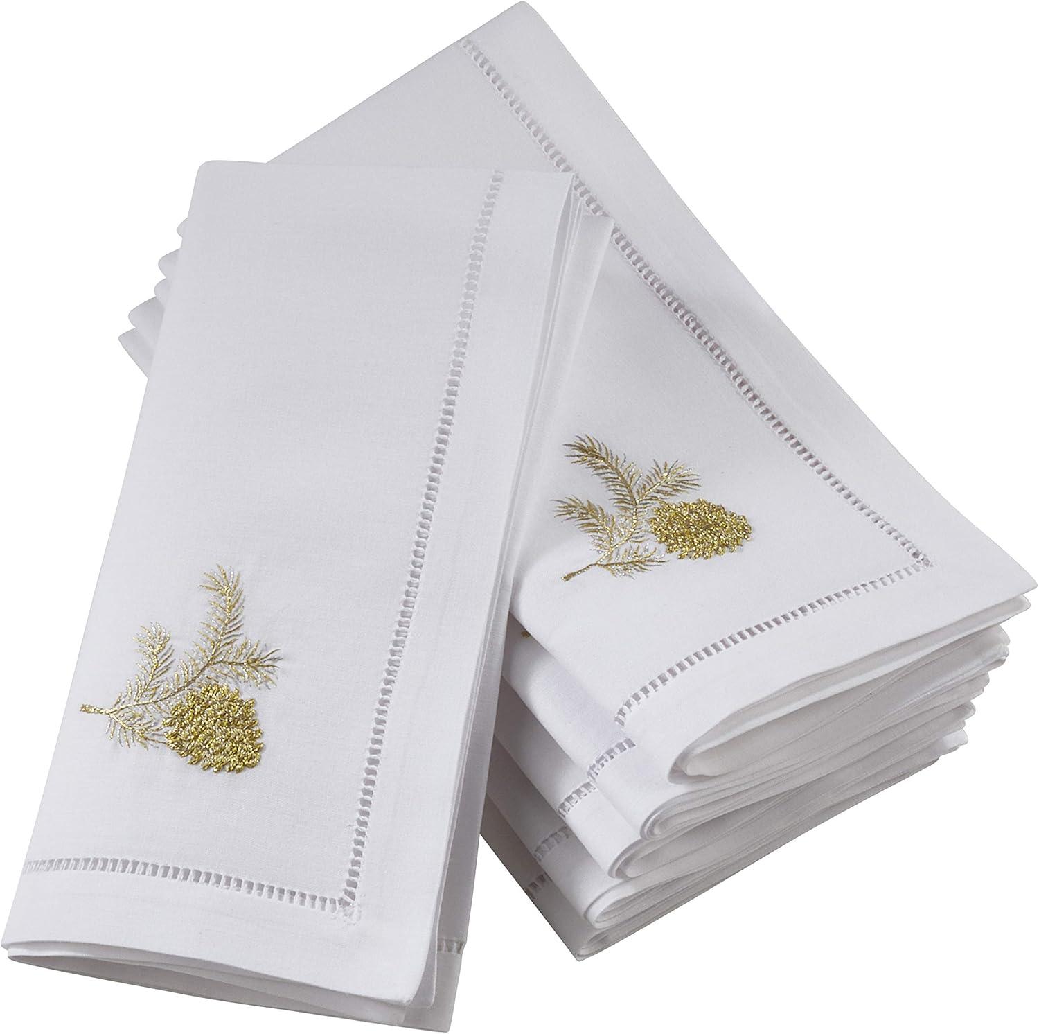 White Cotton Hemstitch Napkins with Pine Cone Embroidery, Set of 6