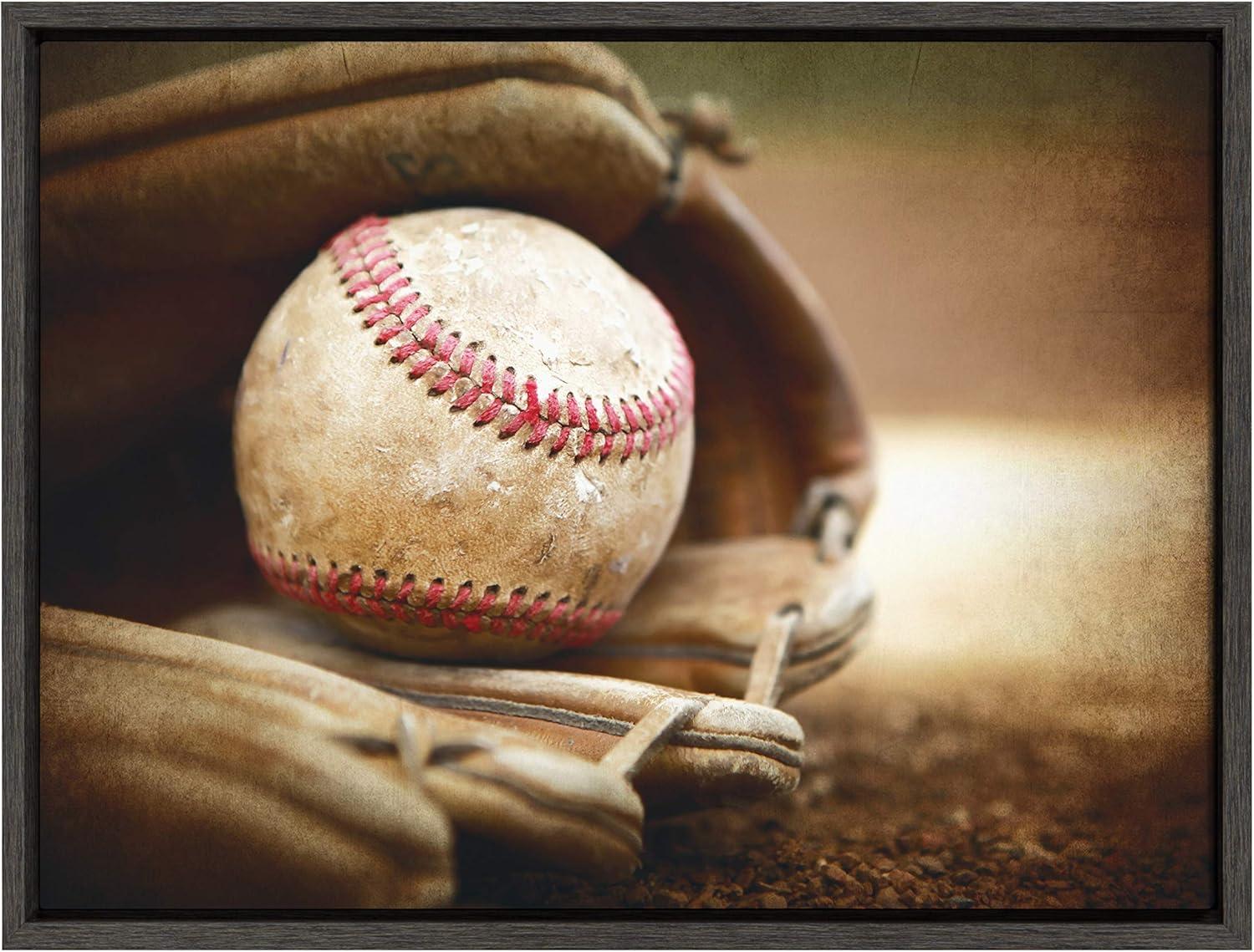 DesignOvation 18" x 24" Sylvie Baseball Glove Framed Canvas by Shawn St. Peter Gray: Vintage Sports Wall Art