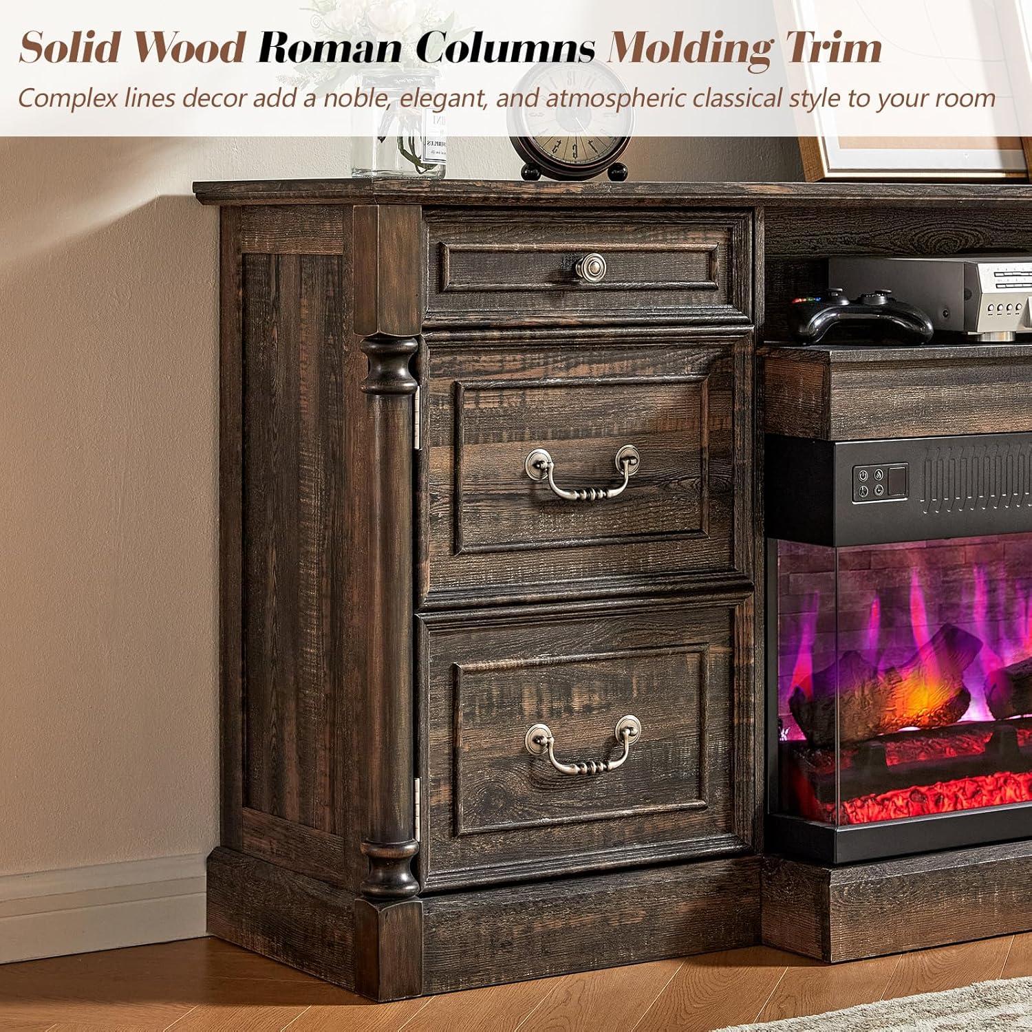 Alvilda 75" Farmhouse TV Stand with 36'' 3-Sided Glass Fireplace, 2 Drawers & Doors Closed Storage