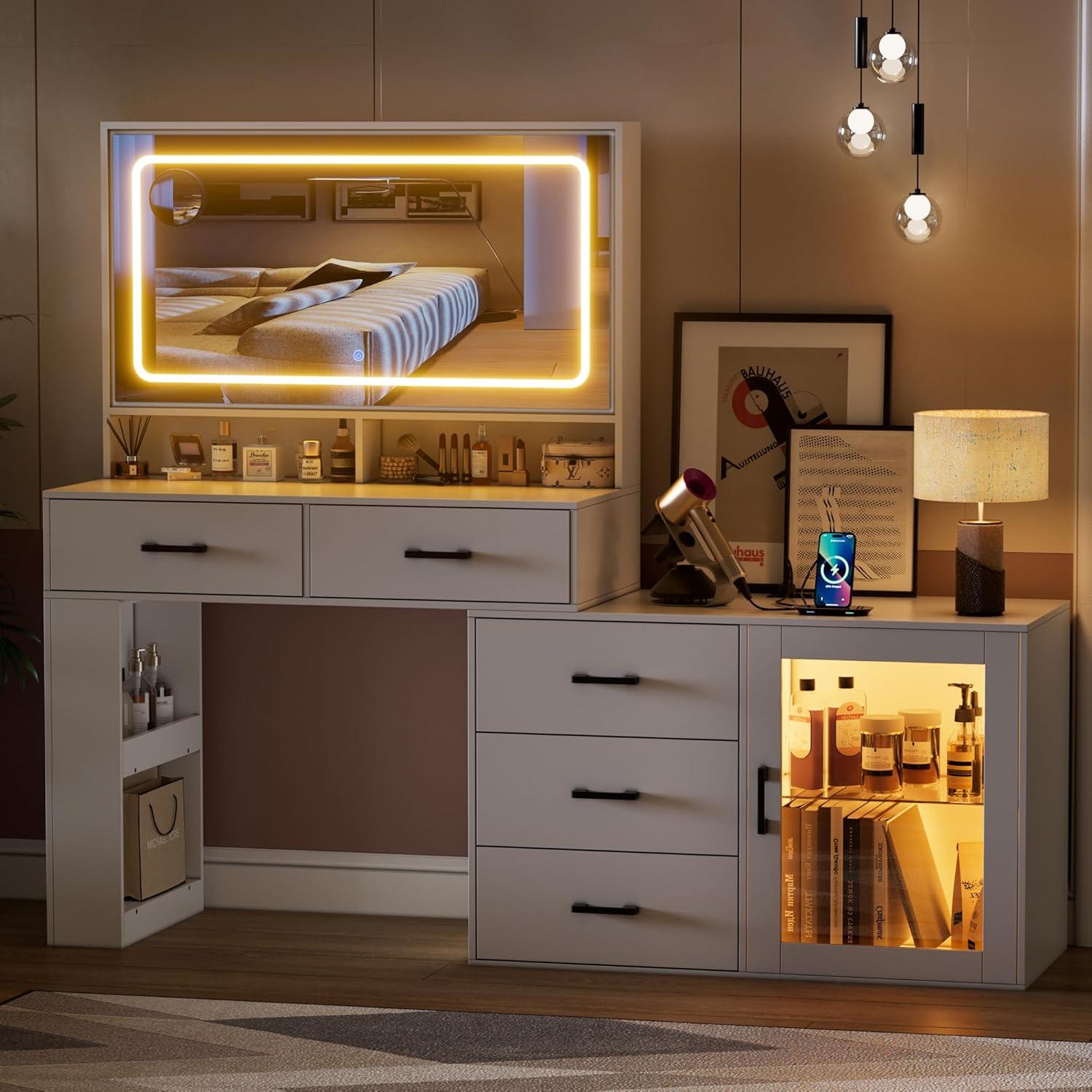 PAKASEPT Vanity Desk with Mirror and Lights, Corner Makeup Table with 3 Color Lighting, White Vanity with Power Strip & Hooks, Hidden and Open Shelves, Adjustable Brightness, 47.2 Inch