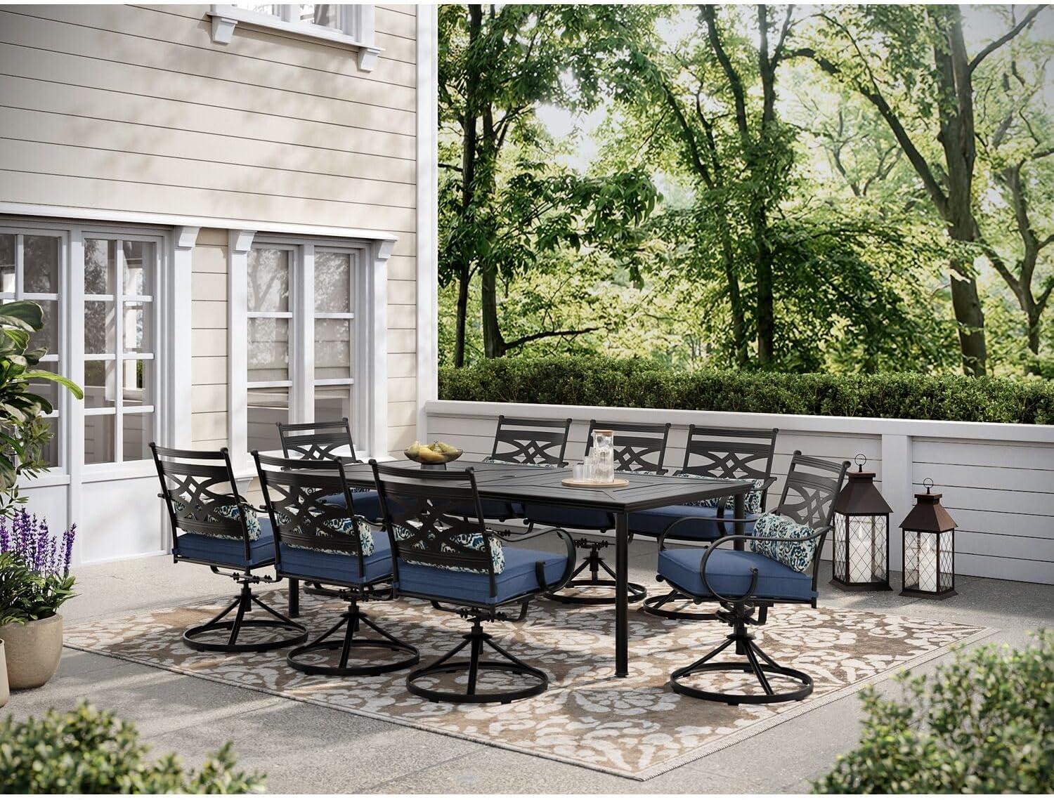 Hanover Montclair 9-Piece All-Weather Outdoor Patio Dining Set, 8 Swivel Rocker Chairs with Comfortable Seat and Lumbar Cushions, 84"x42" Stamped Rectangle Table, MCLRDN9PCSW8-NVY