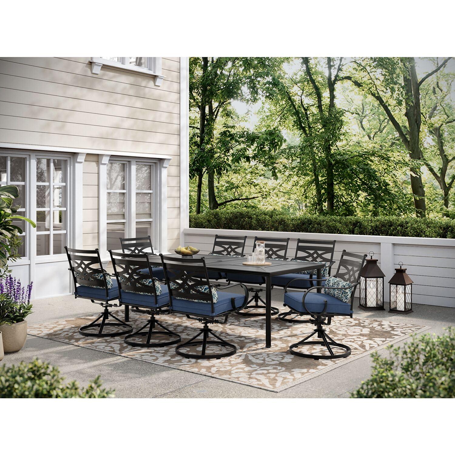 Hanover Montclair 9-Piece All-Weather Outdoor Patio Dining Set, 8 Swivel Rocker Chairs with Comfortable Seat and Lumbar Cushions, 84"x42" Stamped Rectangle Table, MCLRDN9PCSW8-NVY