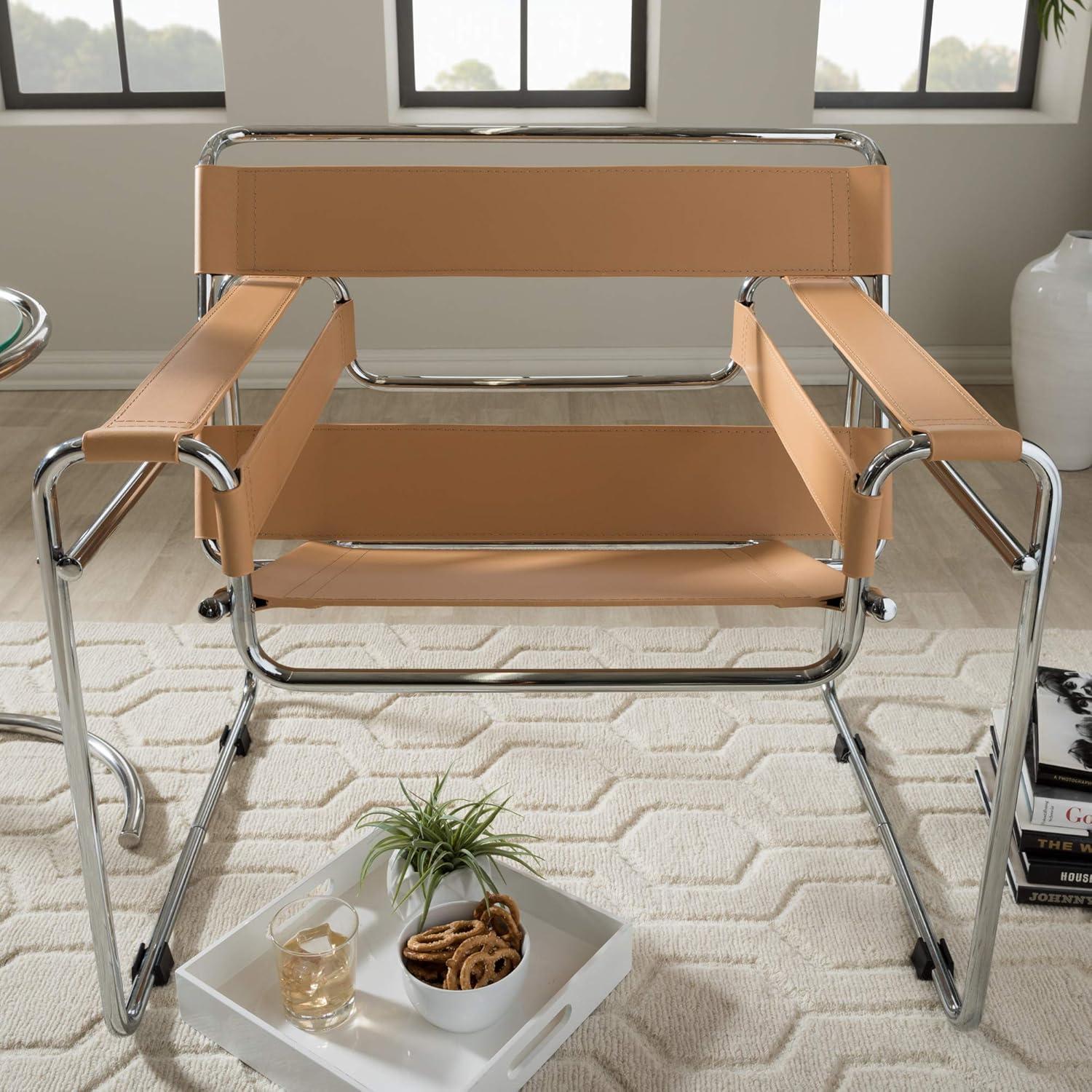 Baxton Studio Jericho Leather Mid Century Modern Accent Chair Tan: Chrome Finish, No-Mar Feet, Fully Assembled