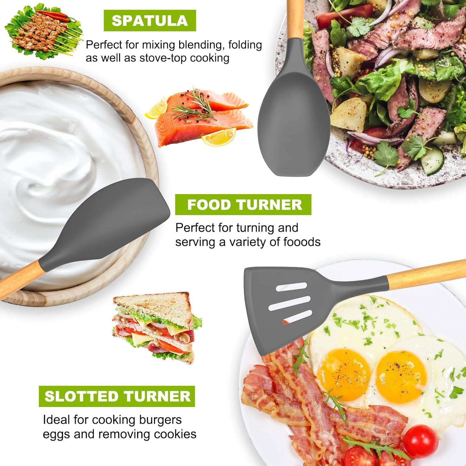 Silicone Kitchen Cooking Utensils Sets with Holder,Nonstick Heat Resistant,Wooden Handle,Black