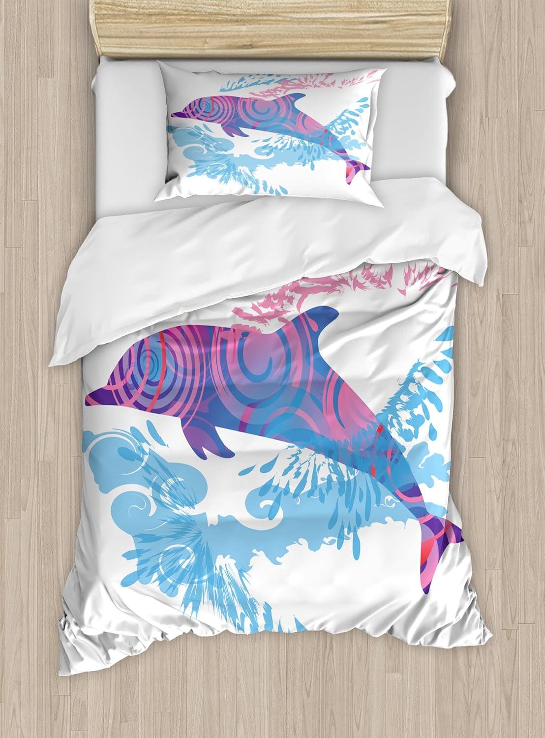 Twin Blue and Purple Dolphin Pattern Duvet Cover Set