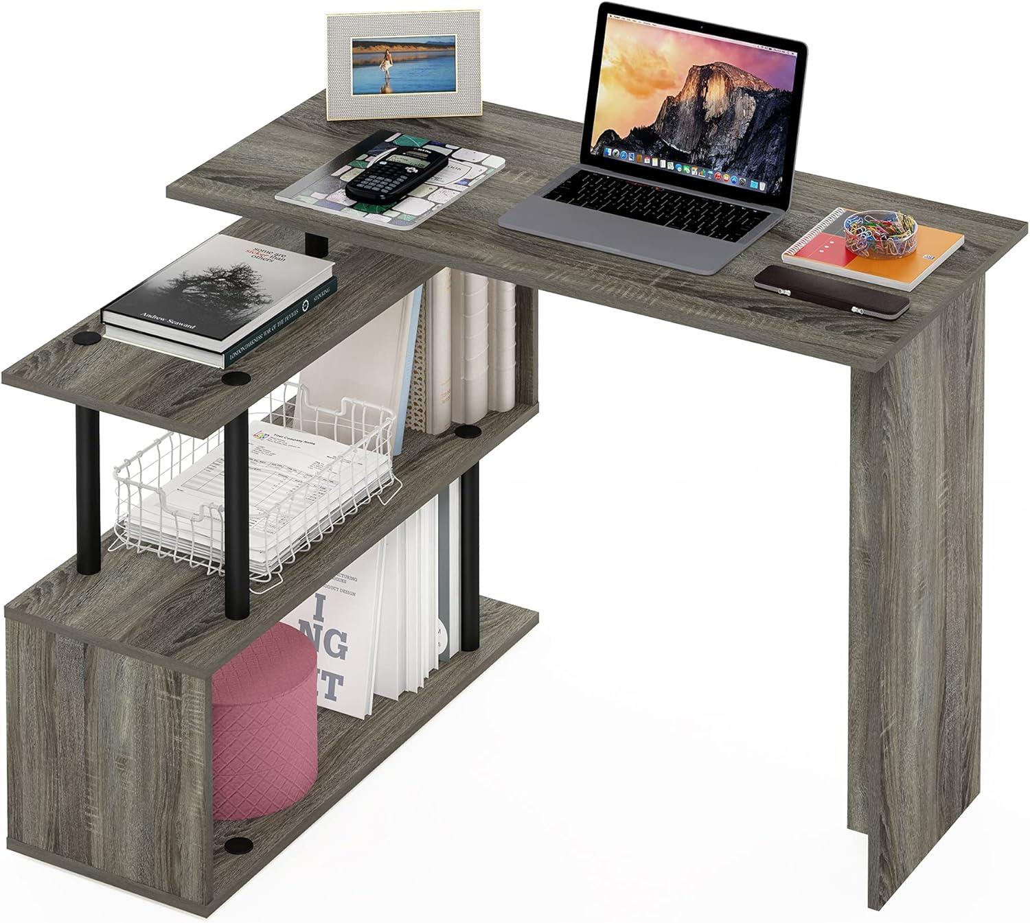 Luxe Gray Wooden L-Shape Corner Computer Desk with 3-Tier Shelves