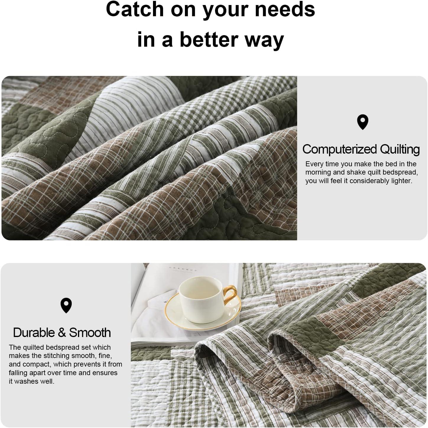 Y-PLWOMEN 100% Cotton Quilt King Size - Plaid Quilt Farmhouse Lightweight Quilted Bedspread, King Comforter Set, Soft Bed Spread for King Bed with Pillow Shams