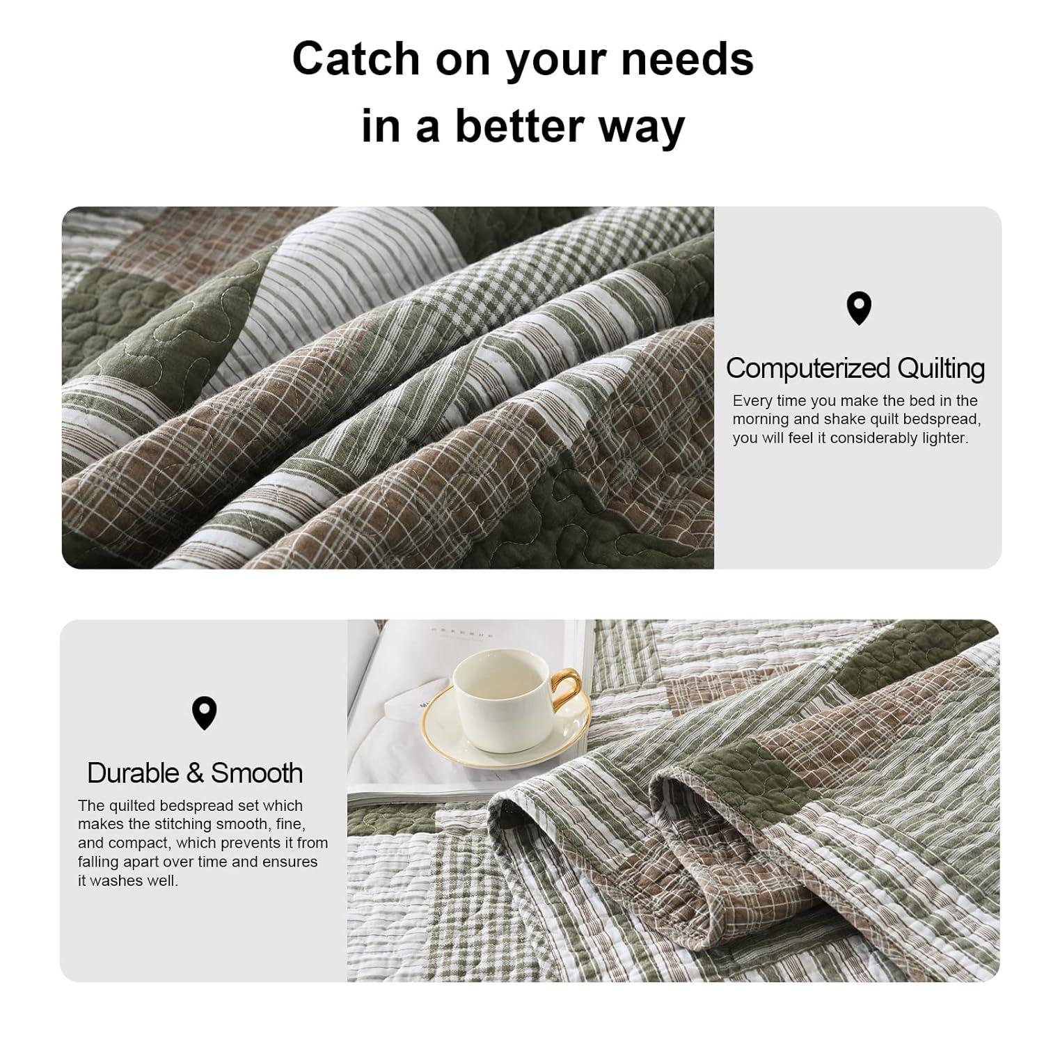 Y-PLWOMEN 100% Cotton Quilt King Size - Plaid Quilt Farmhouse Lightweight Quilted Bedspread, King Comforter Set, Soft Bed Spread for King Bed with Pillow Shams