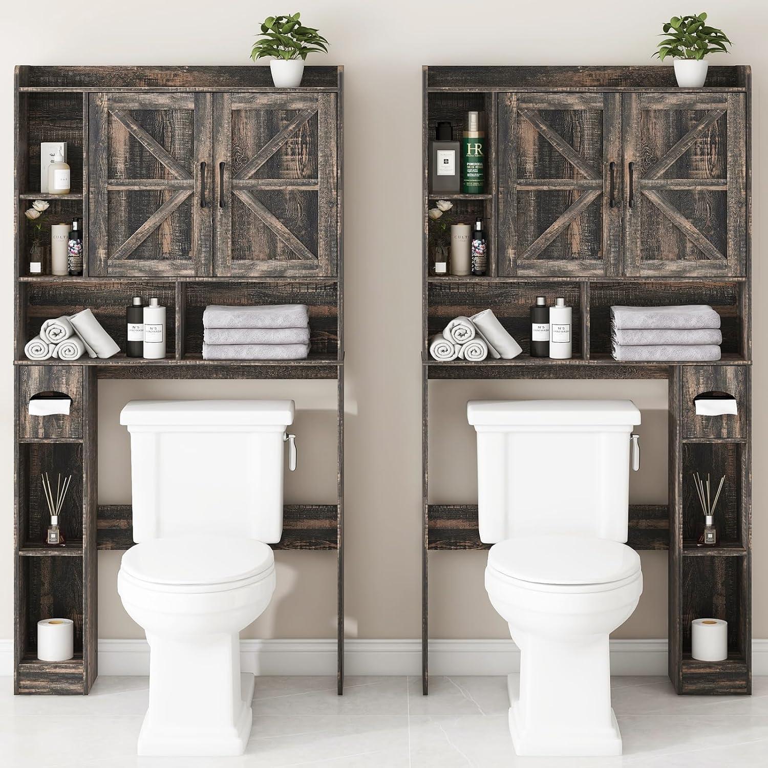 Over The Toilet Storage Cabinet, with 2 Barn Doors & Toilet Paper Holder Stand