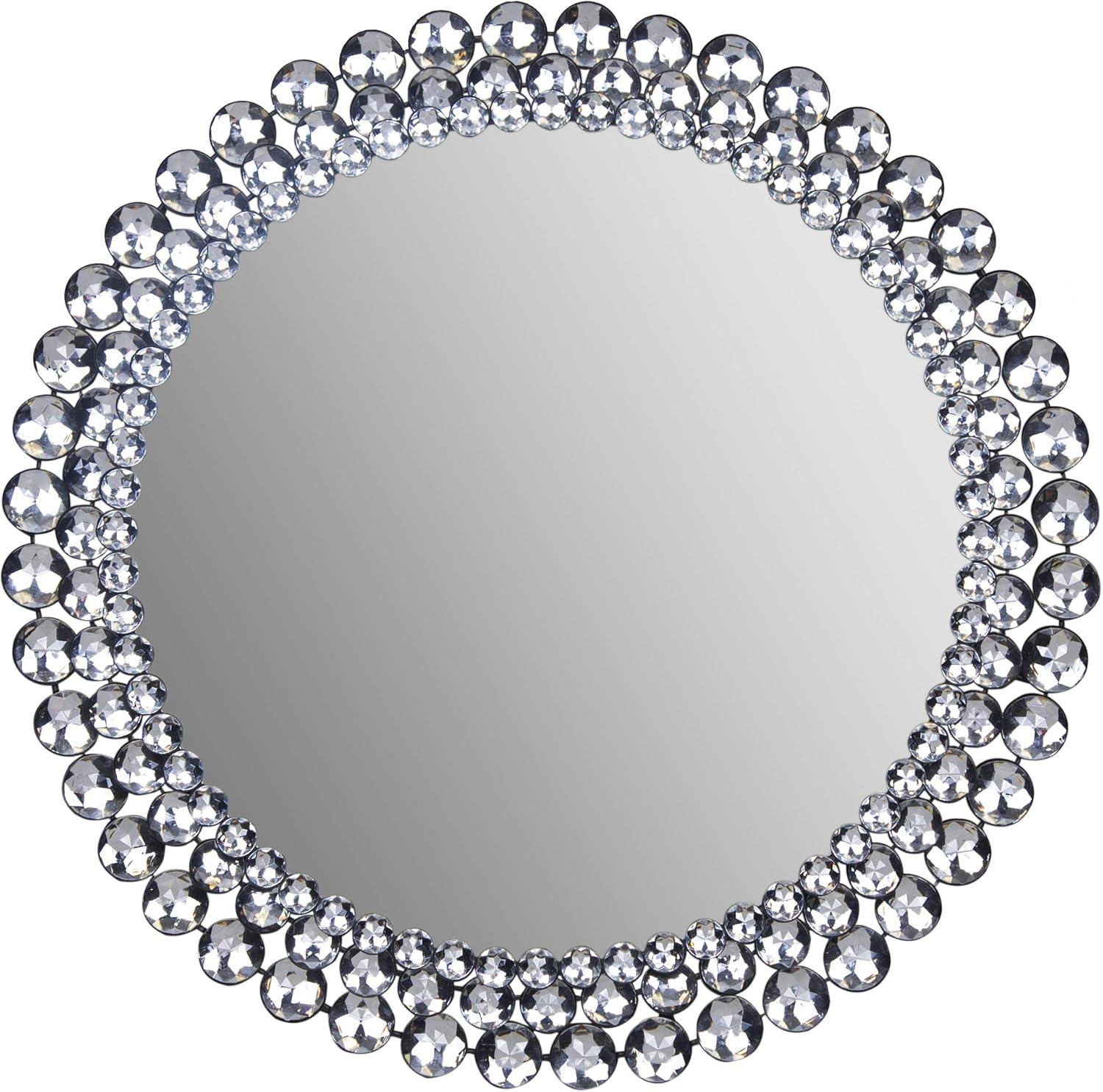 Glamorous Round Jeweled Metal and Glass Wall Mirror