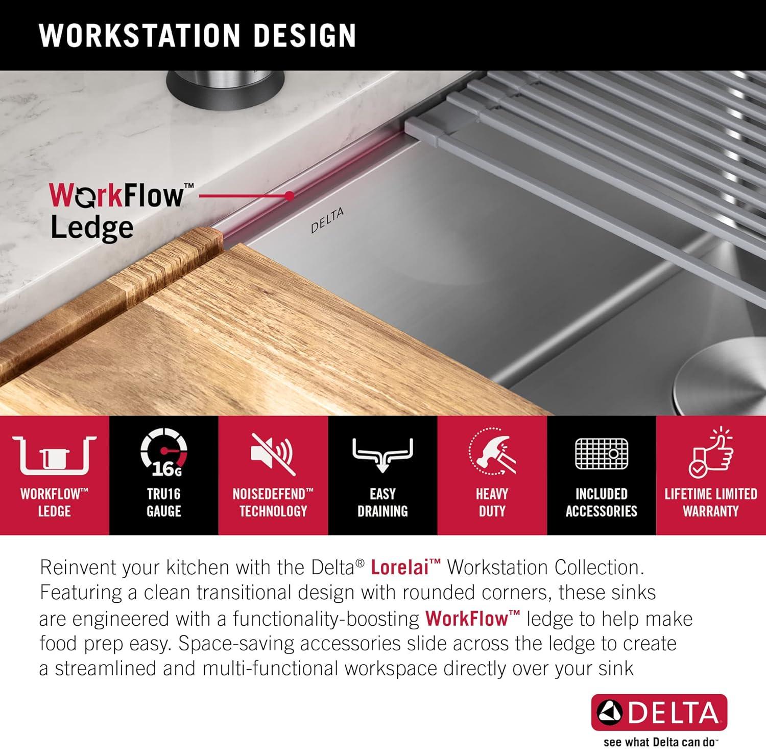 Delta Lorelai™ 30" LWorkstation Kitchen Sink Undermount 16 Gauge Stainless Steel Single Bowl with WorkFlow™ Ledge