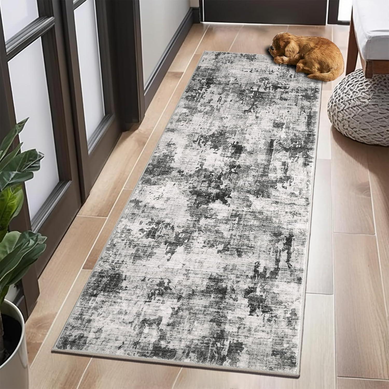 Gray Abstract Washable 9' x 12' Synthetic Area Rug