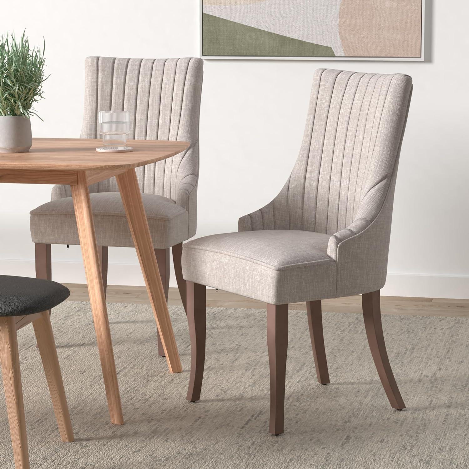 mikibama Linen Dining Chairs Set of 4 Channel Tufted Kitchen Dinner Chair Comfy Fabric Upholstered Accent Chair for Dining Room with Solid Wood Legs (Brown 4pc)