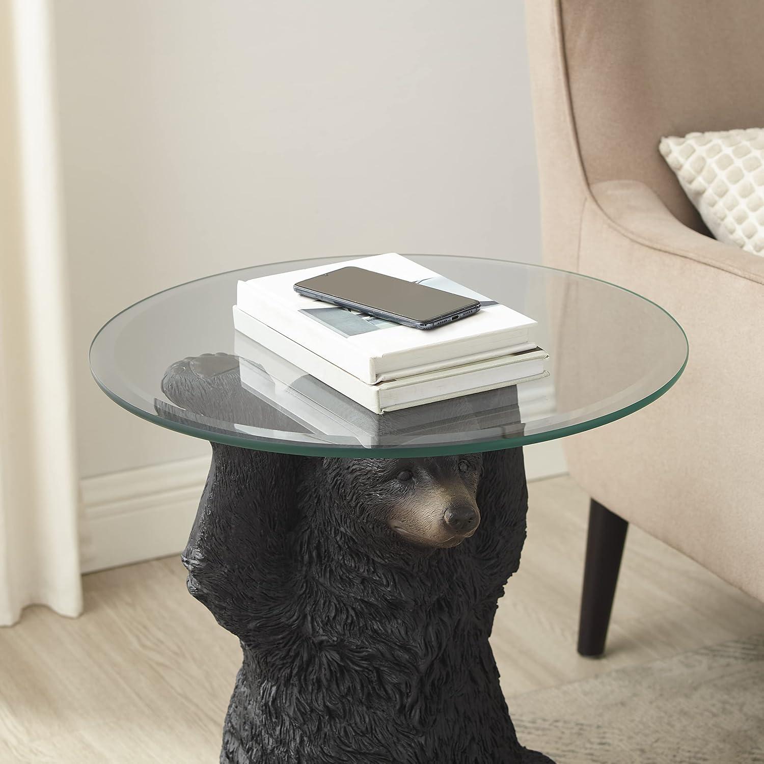 Linon Barney Bear Resin Accent Table Glass Top with Beveled Edge in Dark Brown