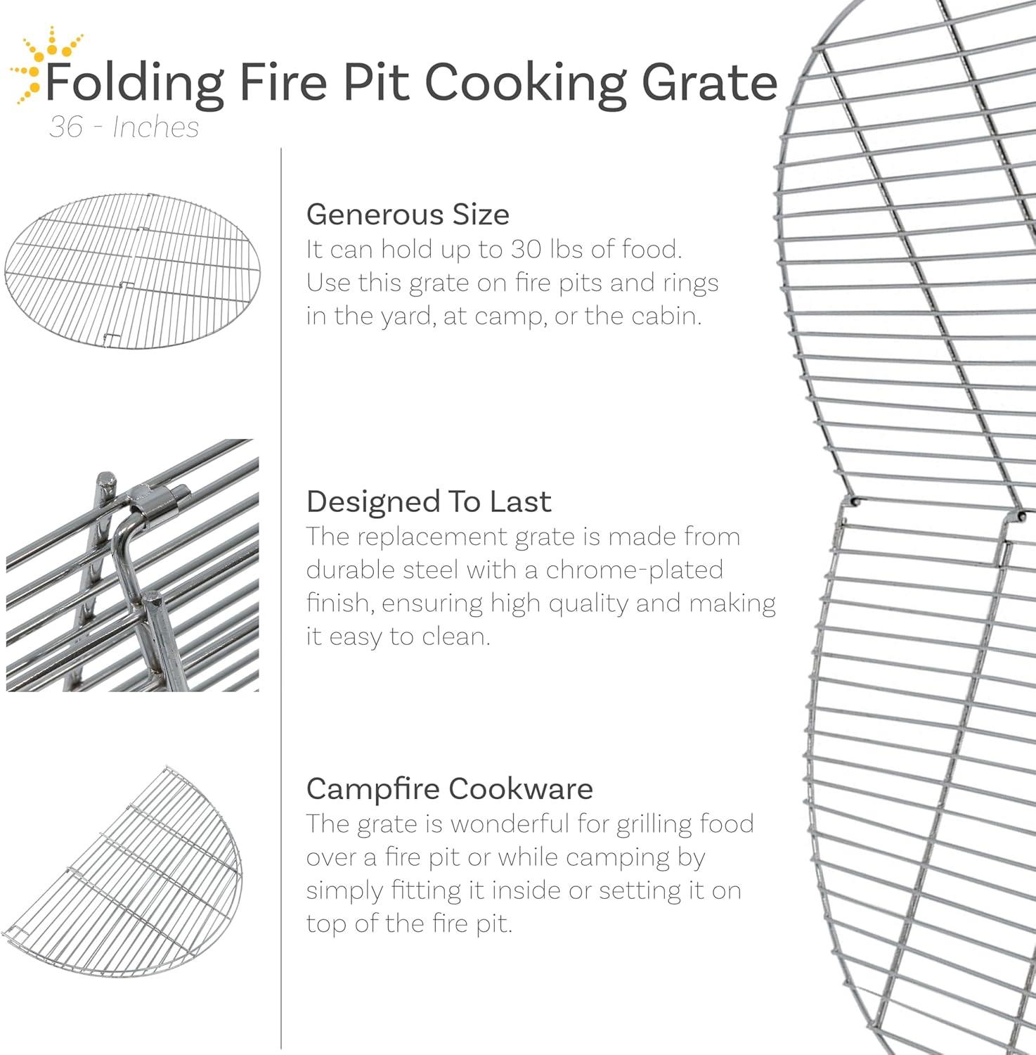 Sunnydaze Outdoor Camping Portable Heavy-Duty, Foldable Chrome-Plated Fire Pit Cooking Grill Grate - 36"