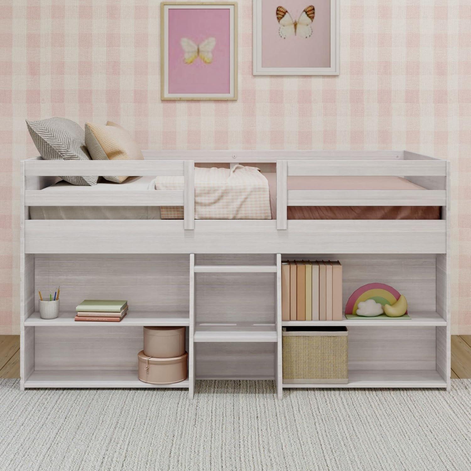 Max & Lily Loft Bed Twin Size, Solid Wood Low Loft Bed with 2 Bookcases and Ladder, Modern Farmhouse Loft Bed for Kids, White Wash