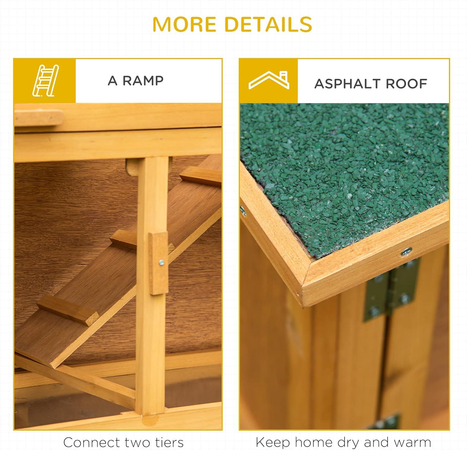 PawHut Wooden Bunny Hutch Rabbit Hutch Small Animals Habitat with Ramp, Removable Tray and Weatherproof Roof, Indoor/Outdoor, Yellow