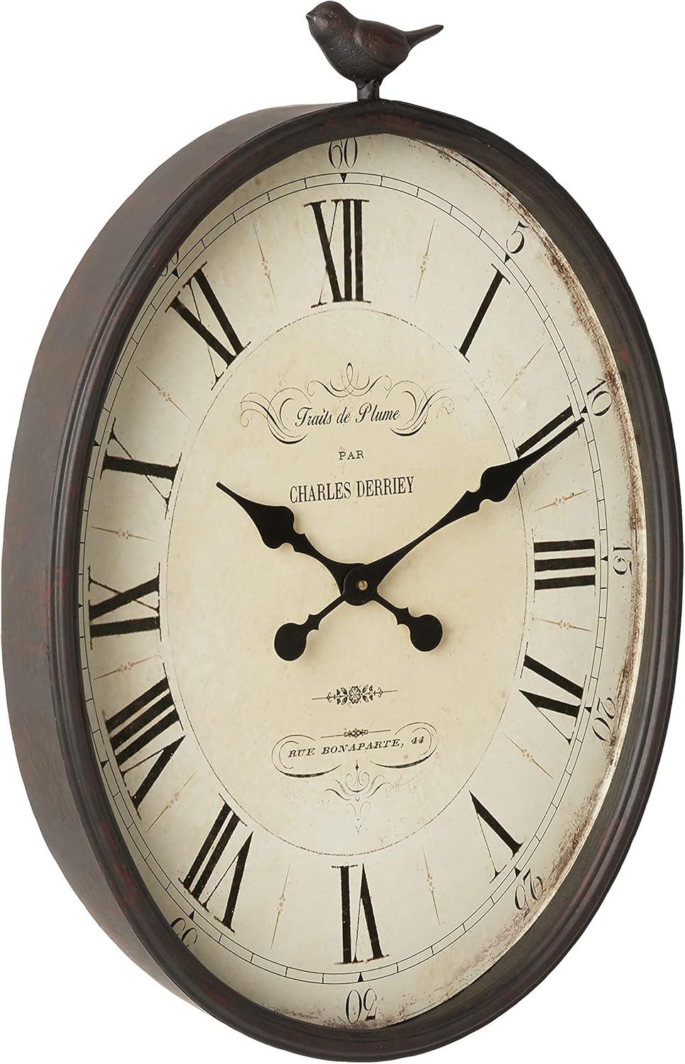 Storied Home 17" x 25-1/4" Metal Wall Clock with Bird Rust - 3R Studios: Indoor Oval Timepiece, No Choking Hazard