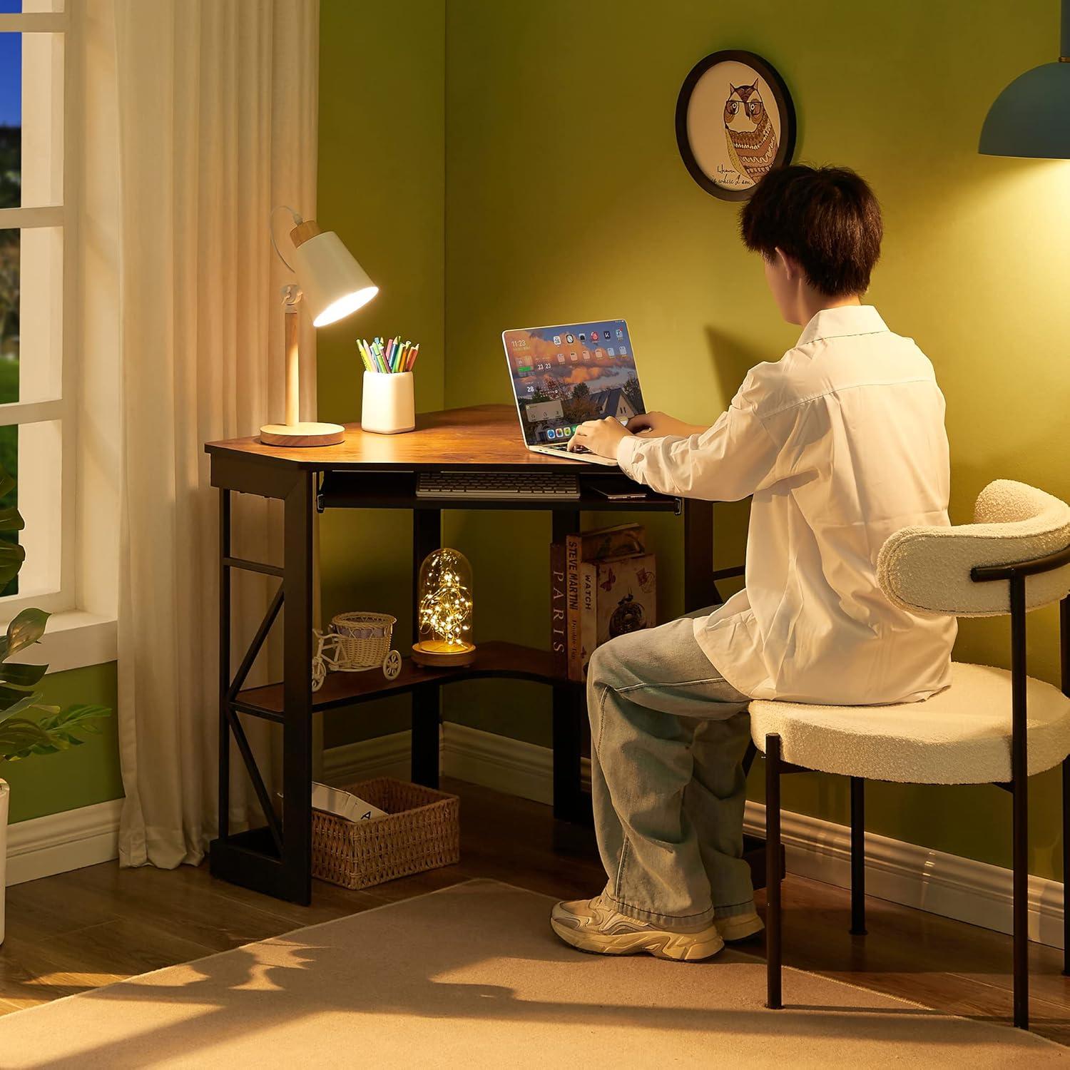 Teakwood Brown Corner Writing Desk with Keyboard Tray and Shelves