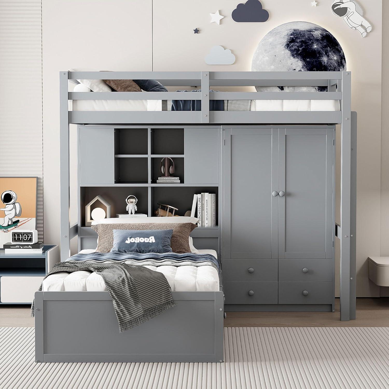 yuanhuan Twin Bunk Bed With Drawers, Wardrobe, Storage Shelves And Hydraulic Bed