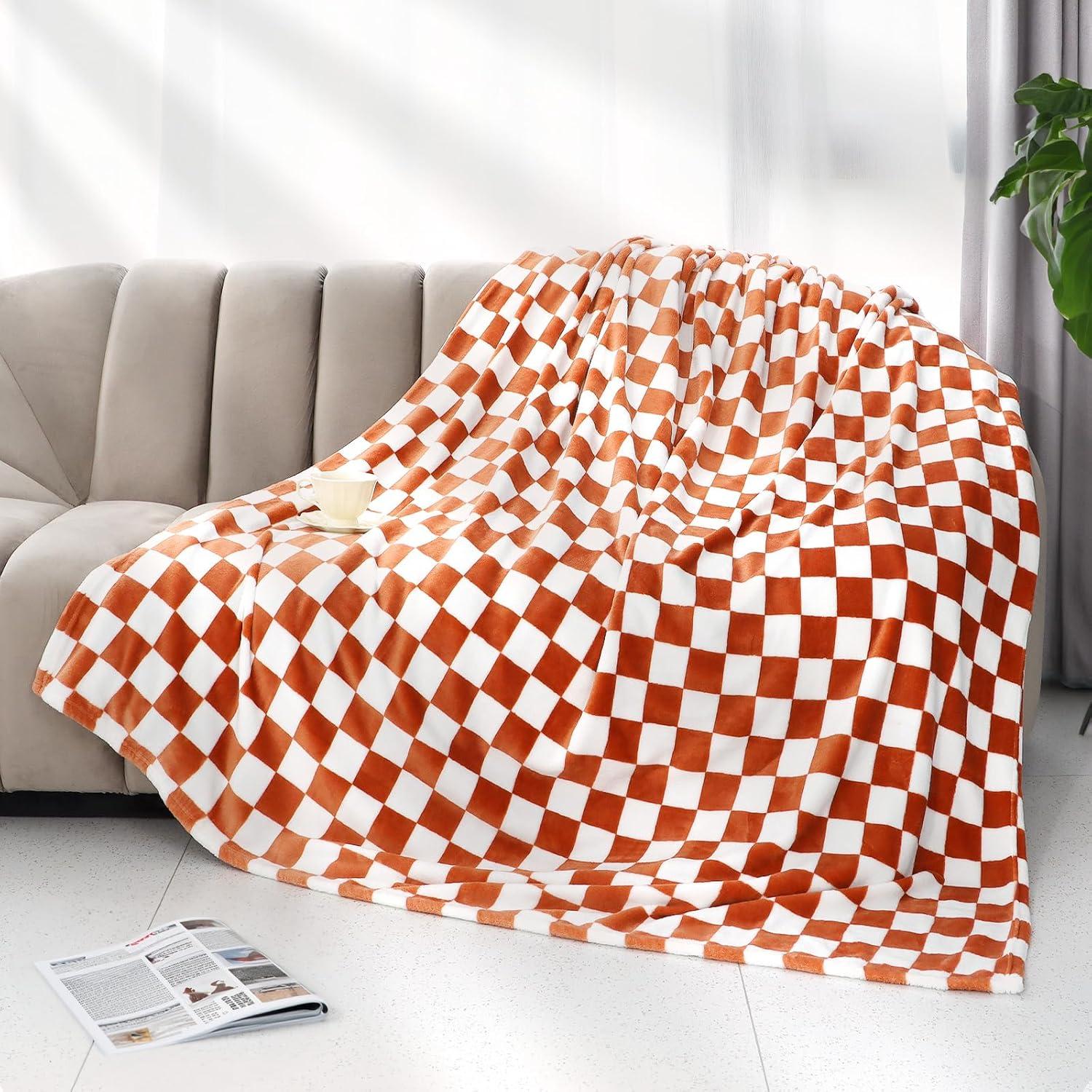 Brown and White Checkered Fleece Throw Blanket