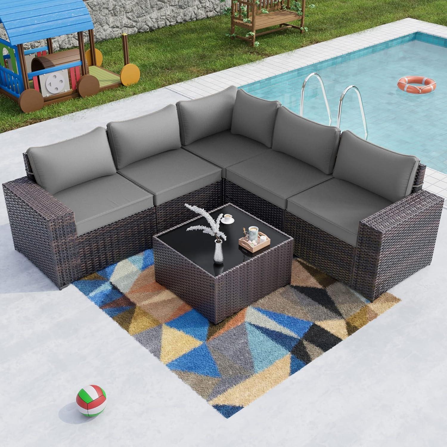 Gray 5-Person Steel Frame Wicker Outdoor Sectional Sofa Set