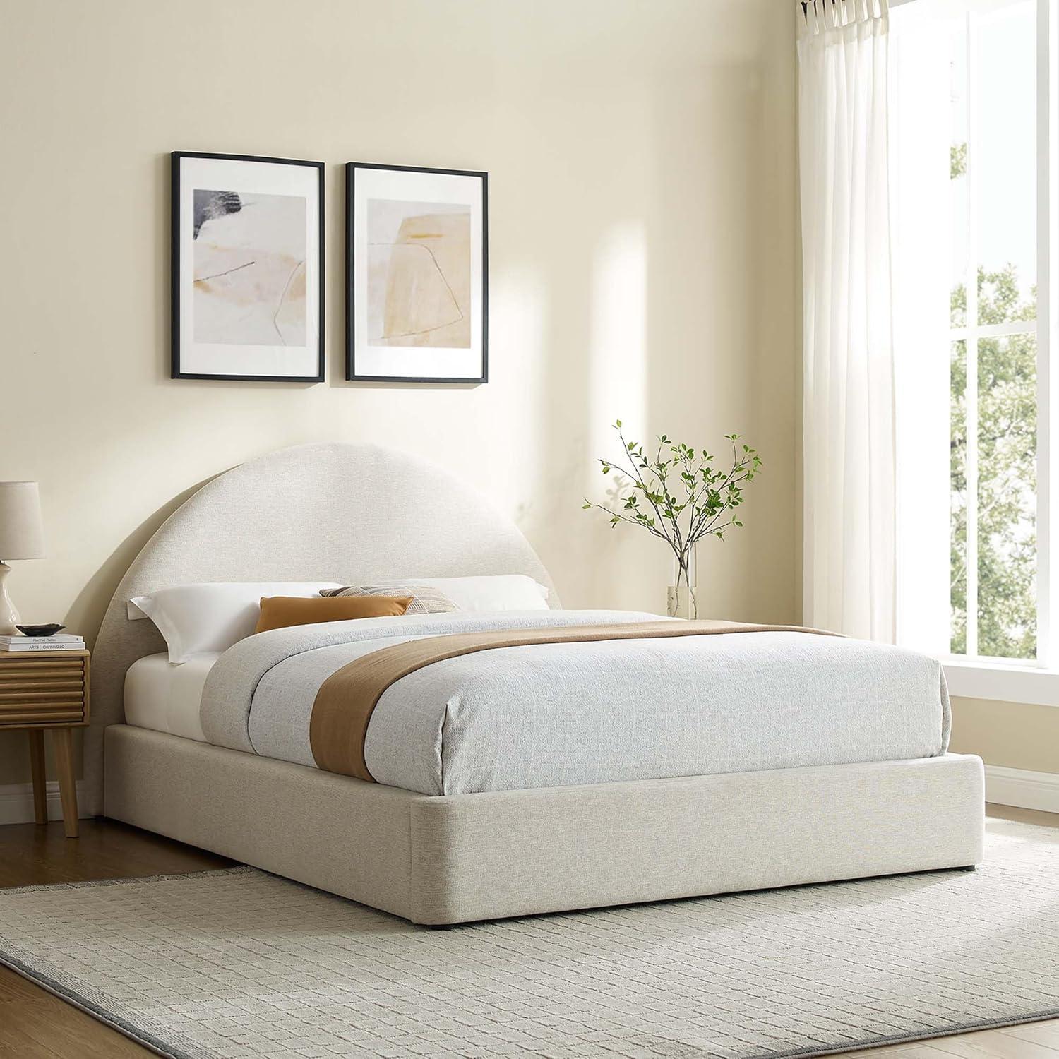 Ivory Velvet Upholstered Full Platform Bed with Arched Headboard