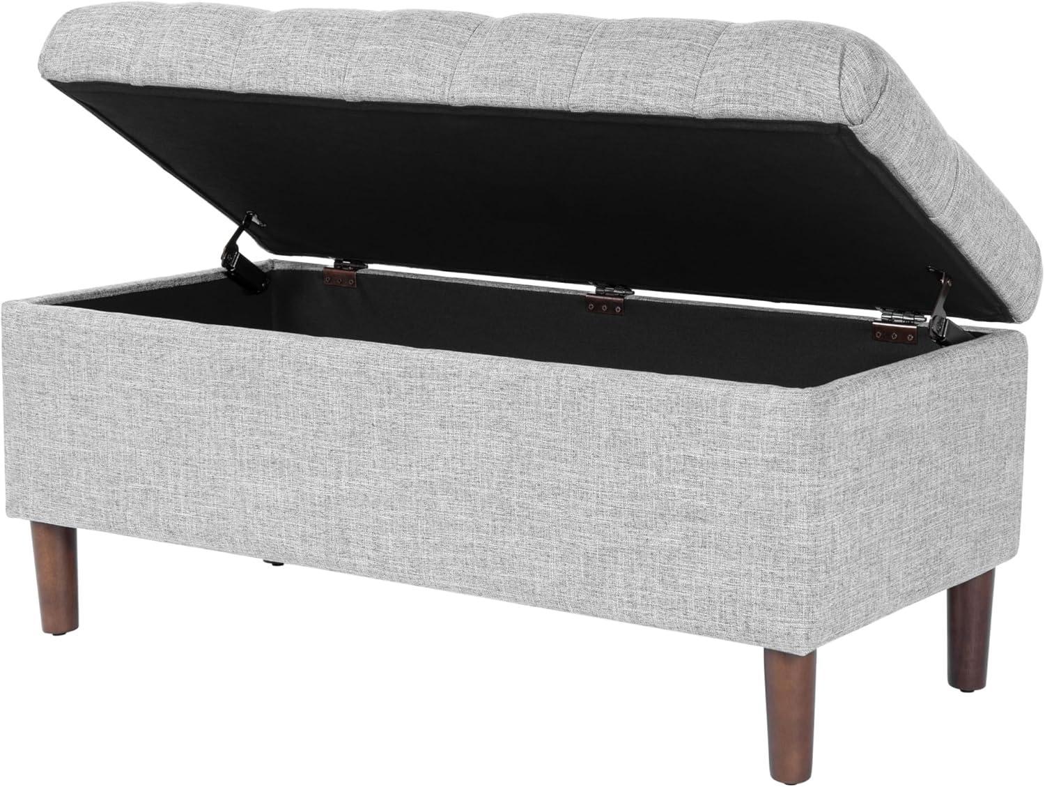 Button Tufted Storage Bench with Cone Wood Legs Gray - HomePop: Hinged Lid, Bedroom Ottoman