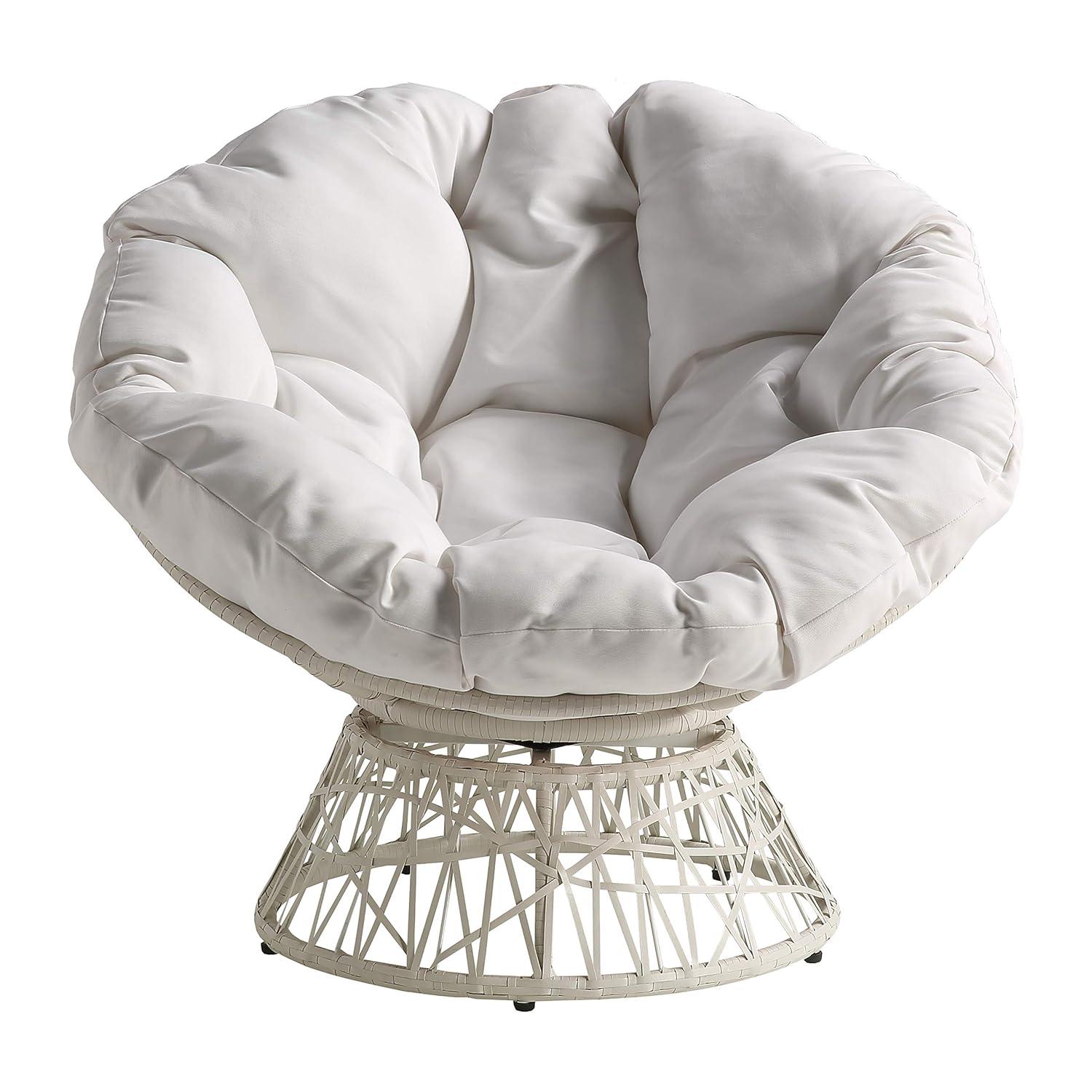 Swivel White Papasan Chair with Metal Frame and Plush Cushion