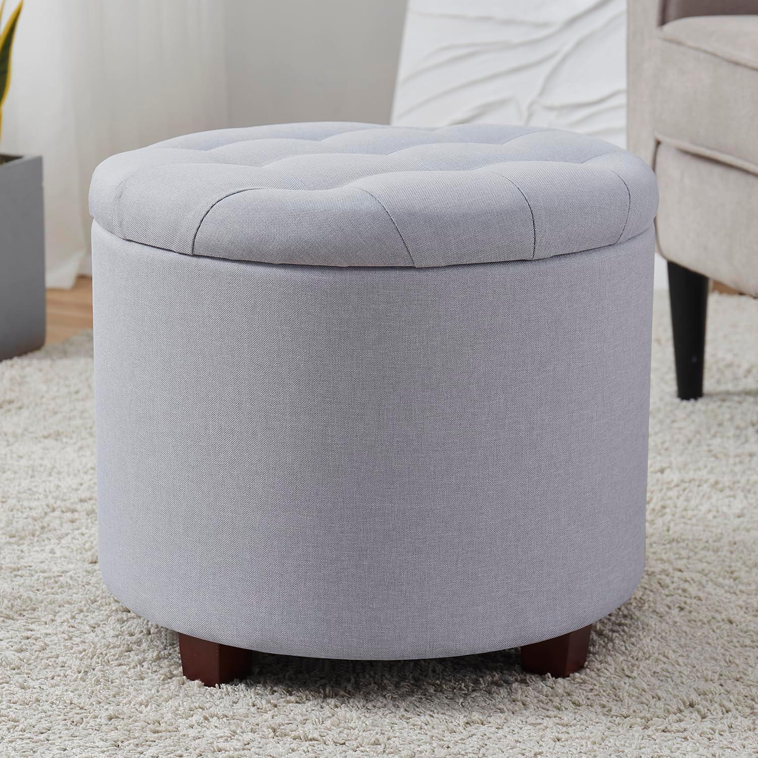 Ornavo Home Linen Upholstered Round Tufted Storage Ottoman with Wooden Legs - Gray