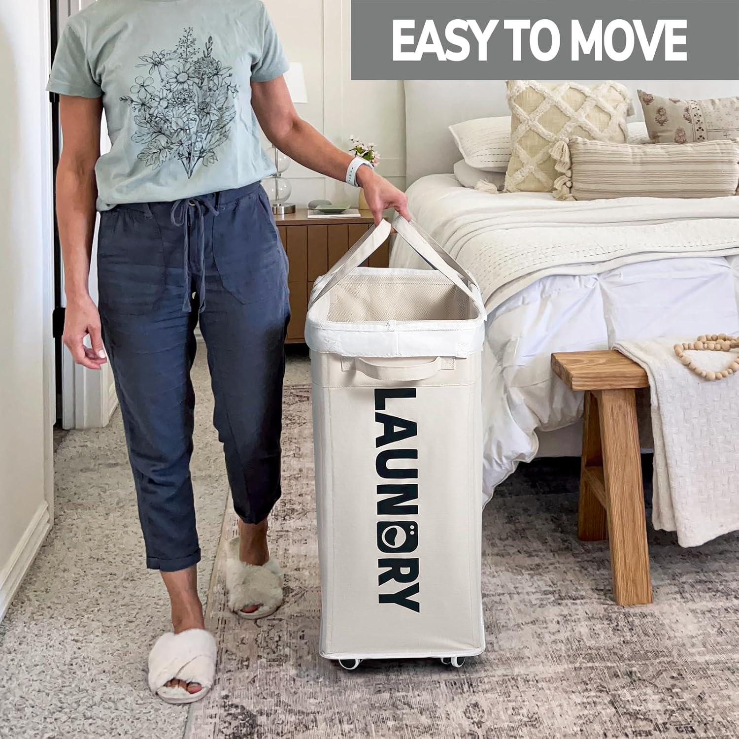 CHICVITA 2-Pack Laundry Baskets with Wheels and Handle,75L Collapsible Clothes Basket with Removable Wash Bags for Dorms and Corners, White Rolling Laundry Hamper