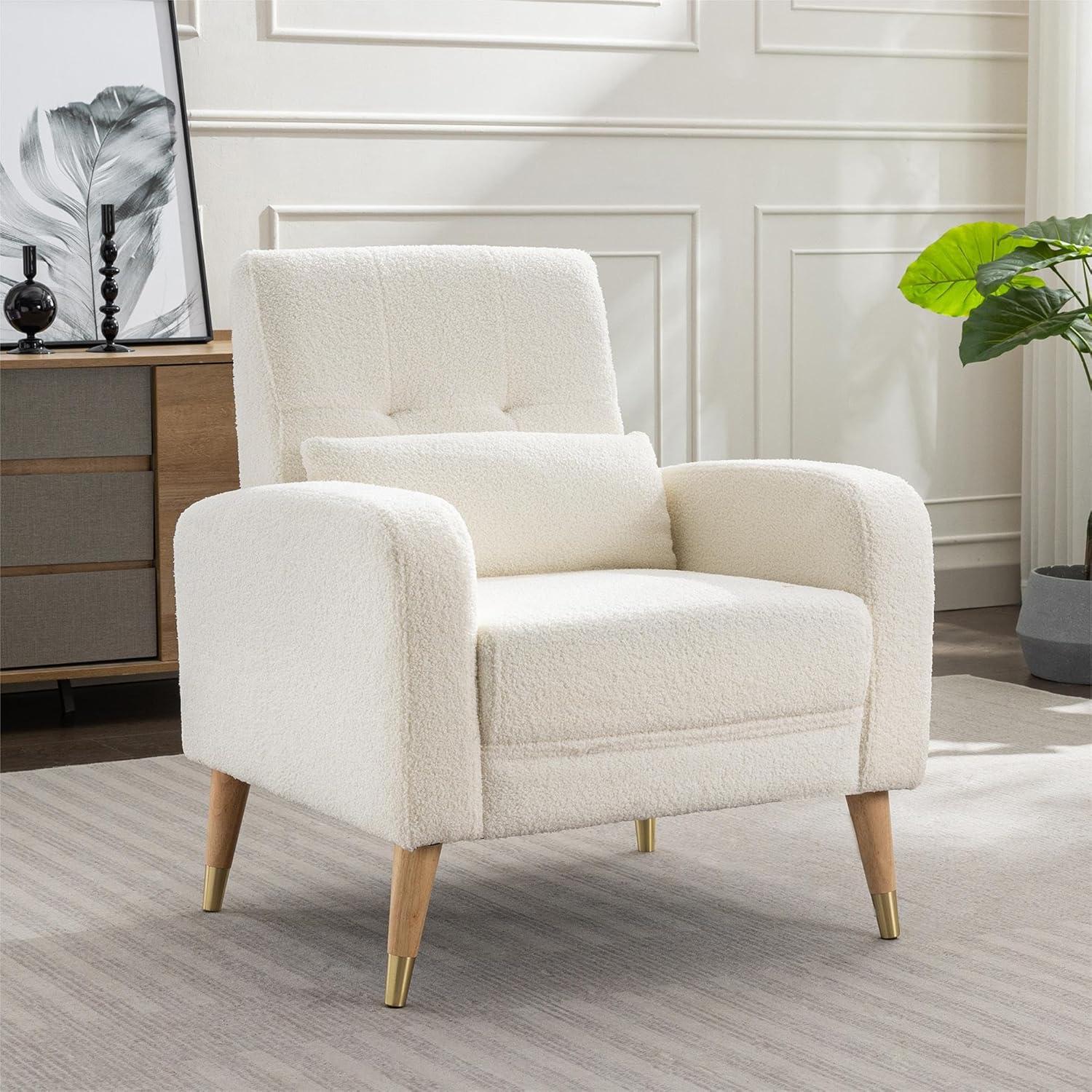 White Upholstered Modern Accent Chair with Wooden Legs