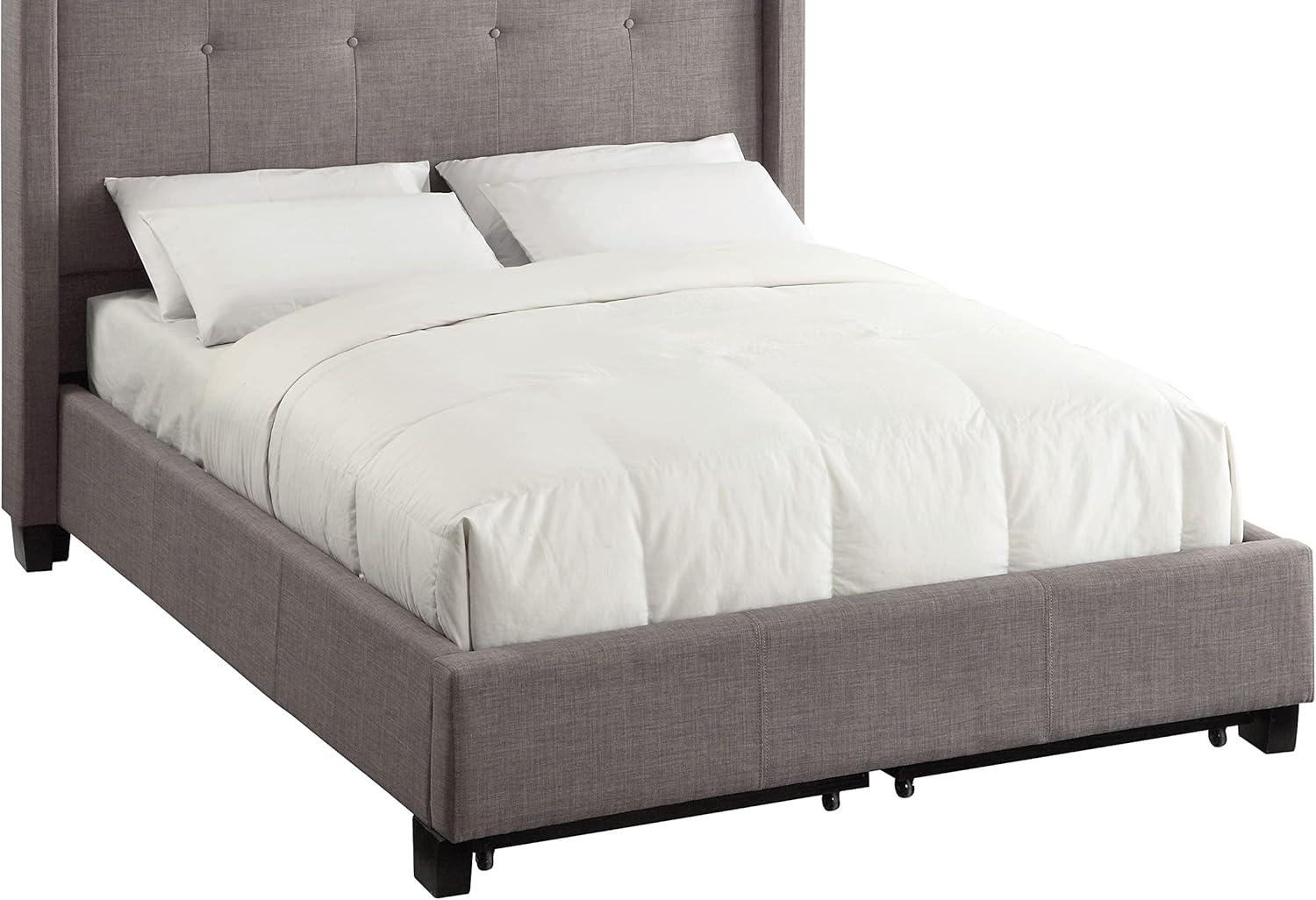 Gray Linen Upholstered Full Bed with Storage and Tufted Headboard