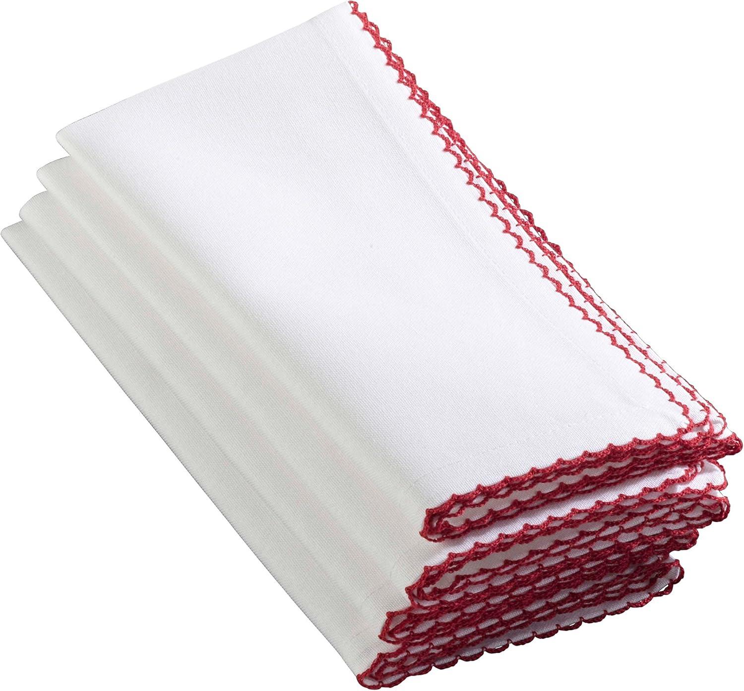 White Cotton Napkins with Red Whip Stitch Border, Set of 4