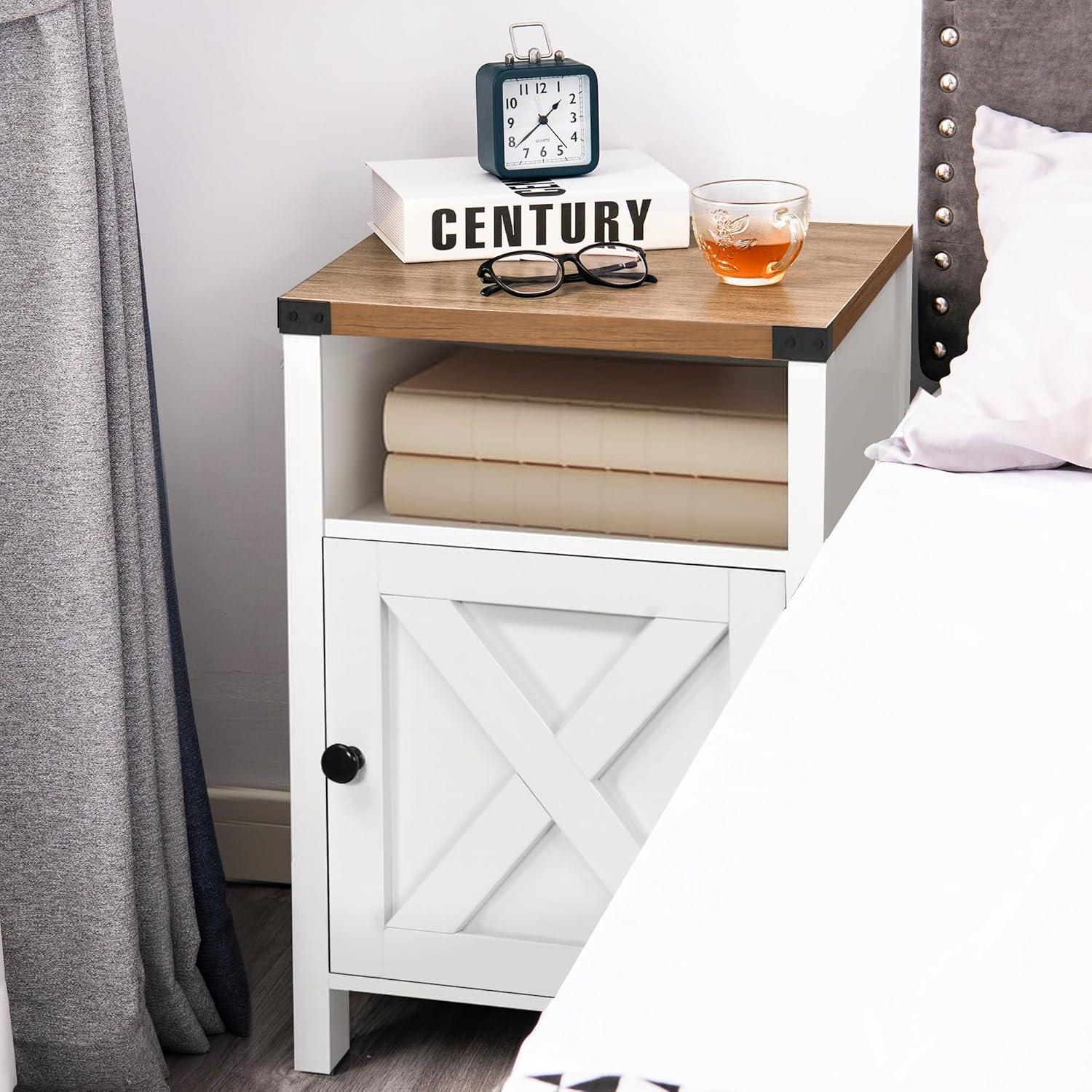 Wood Nightstands with Charging Station End Table Bedside Tables with Barn Door