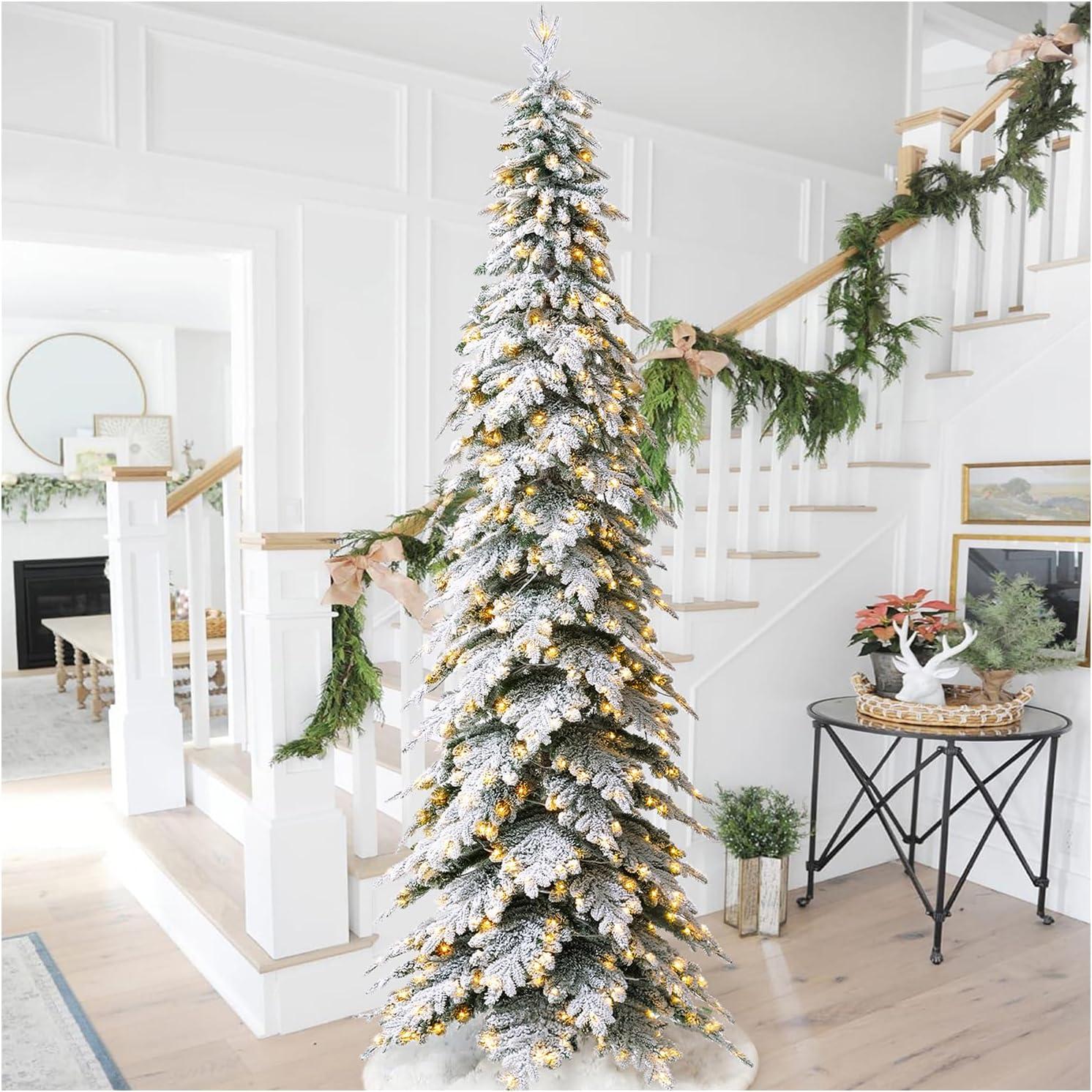 11ft Warm White Pre-Lit Flocked Narrow Spruce Christmas Tree