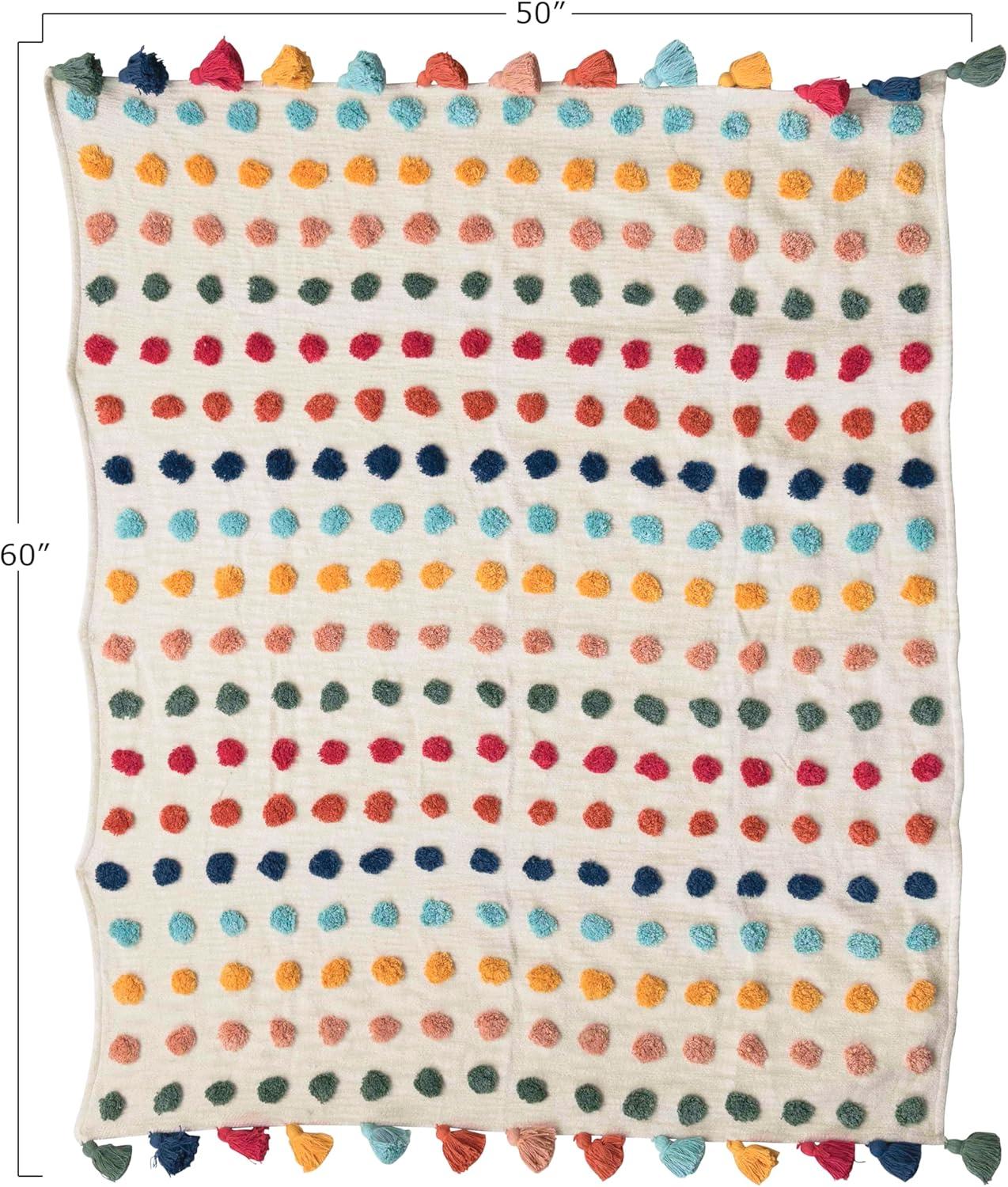 Desert Fields Cotton Throw with Tassels and Tufted Dots, 60" x 50", Multicolor