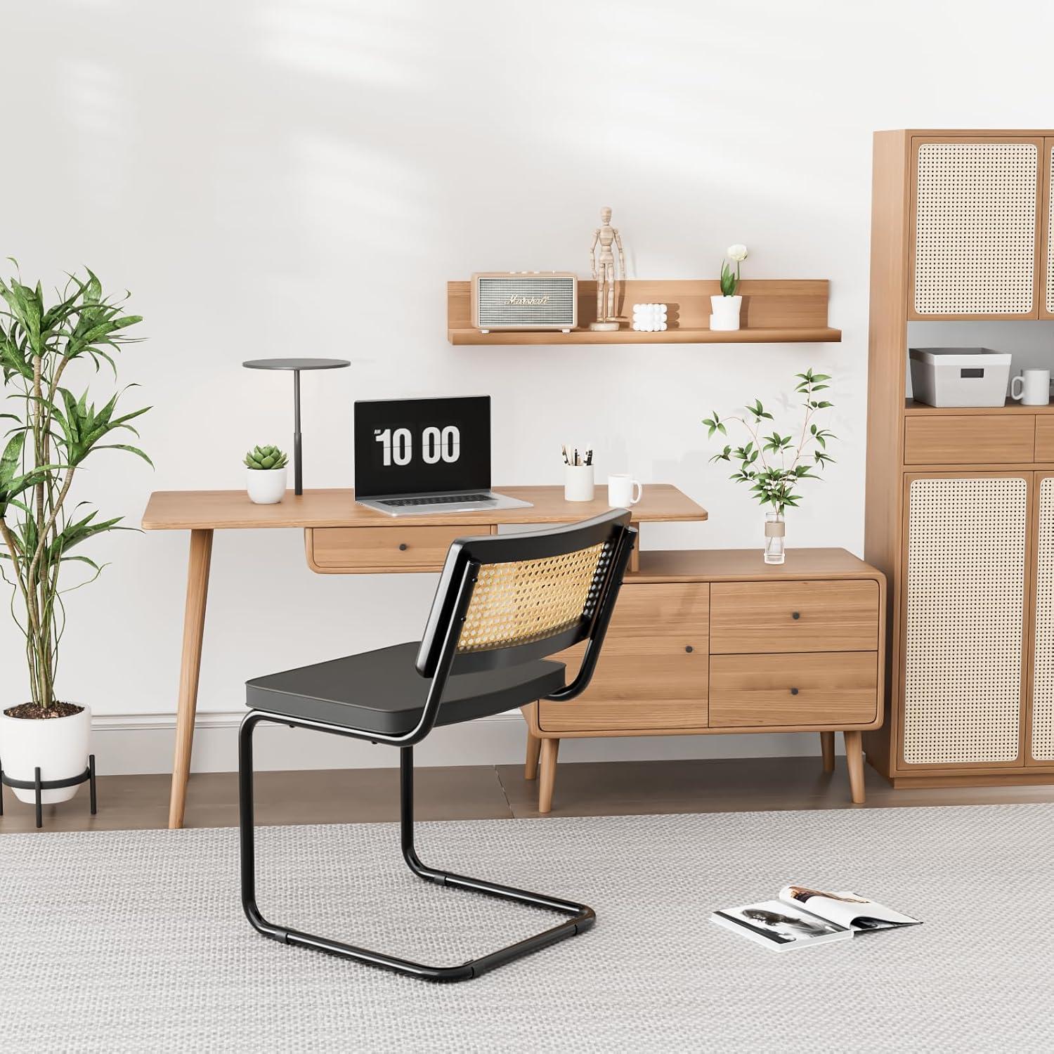 Set of 2, -Century Modern Rattan Backrest Dining Chair - Natural Wood Upholstered Seat with Metal Legs for Home Dining Room Kitchen - Olive Green