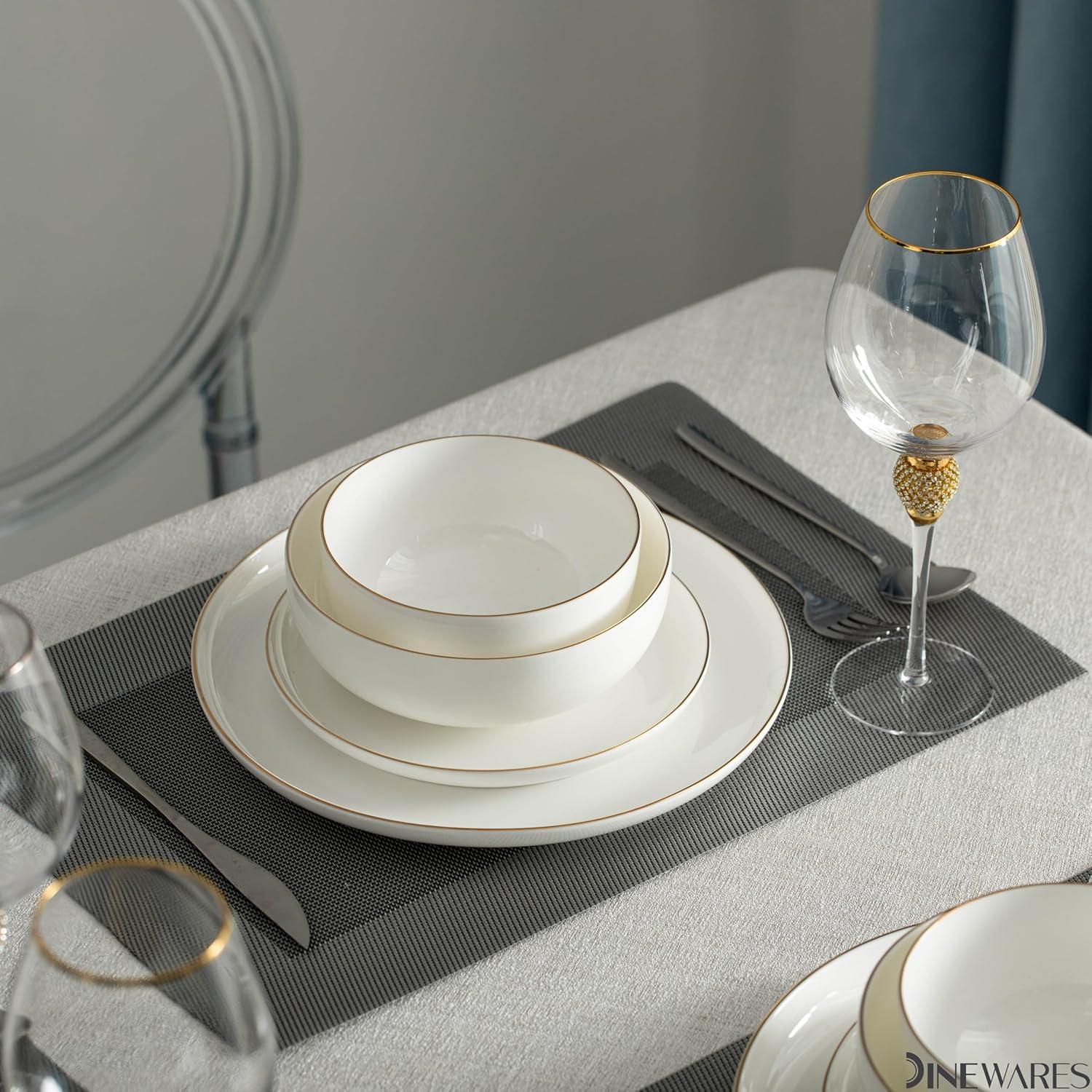 Dinewares White with Gold Rim Bone China Dinnerware Set - Service for 8, Includes Dinner Plates, Salad Plates, and Cereal or Soup Bowls