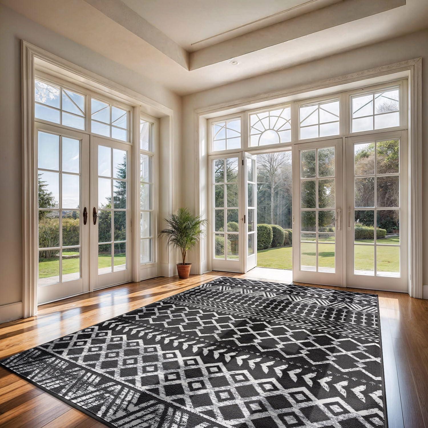 CAMILSON Boho Moroccan Dark Gray Rug Geometric Diamond 8x10 Area Rugs for Living Room Bedroom Kitchen Modern Bohemian Soft Stain Resistant Non-Shedding Indoor Carpet (8 x 10 Dark Grey and Cream)