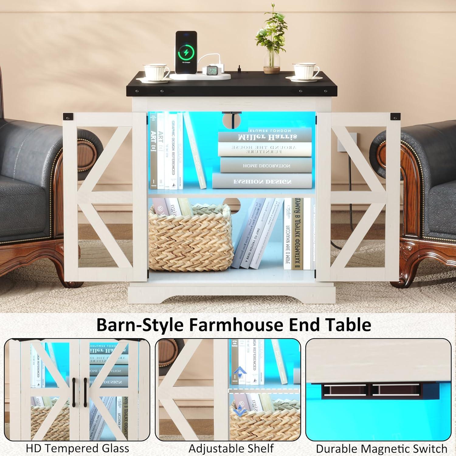 JXQTLINGMU Farmhouse End Table, 24" Large Sofa Side Table with Charging Station, Mesh Barn Door, and Adjustable Storage Shelf, Rustic Wood Square Nightstand for Living Room, Bedroom, Office, White