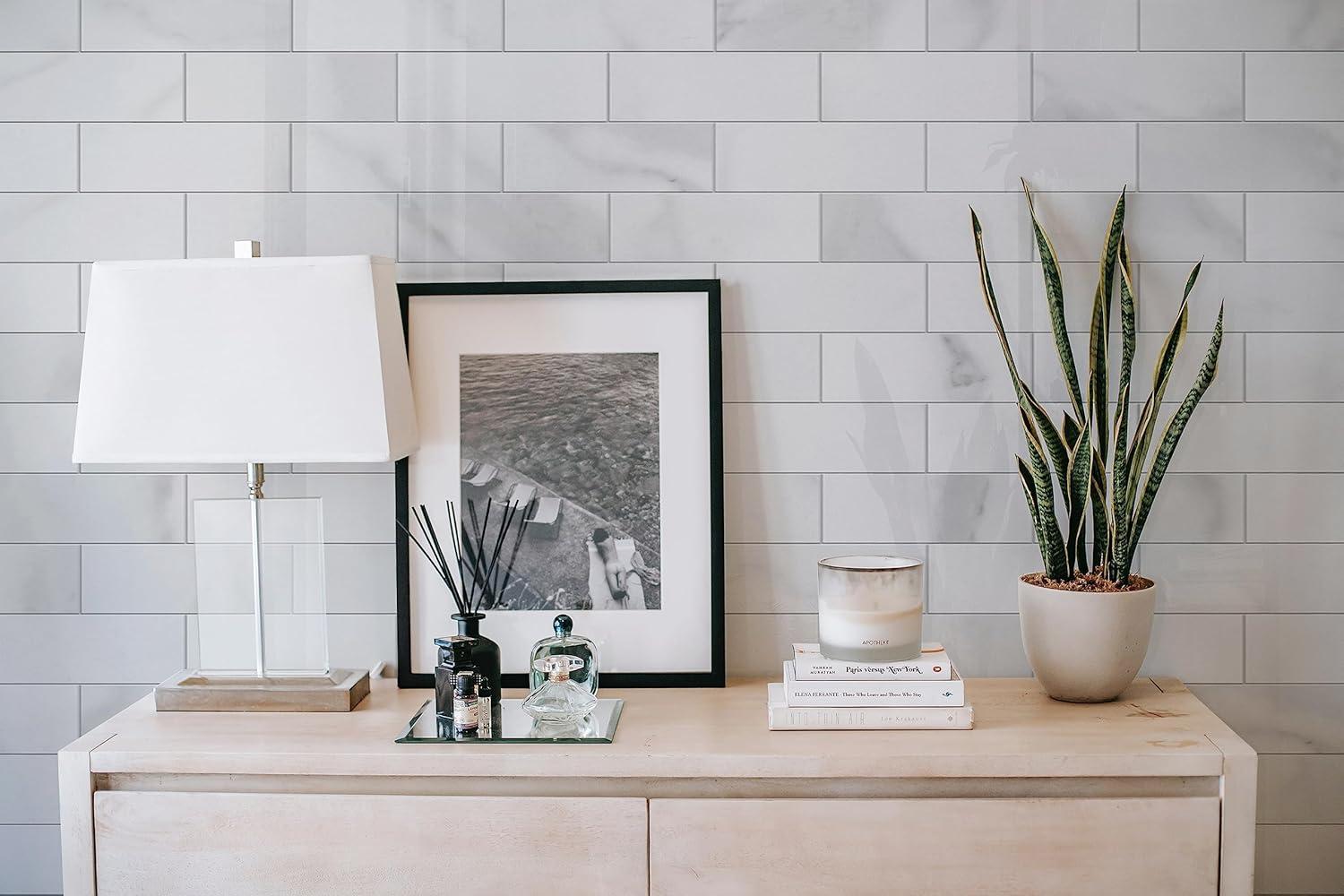 Glossy White Marble Peel and Stick Subway Wall Tiles