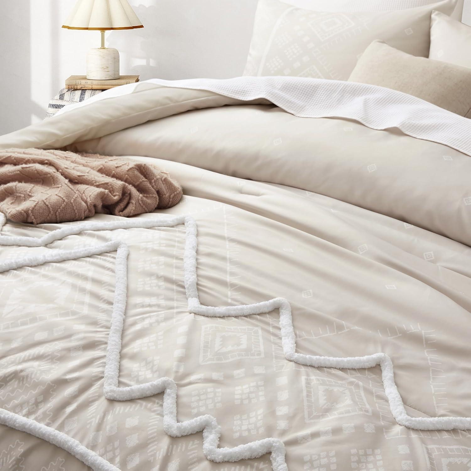 Oli Anderson Cream King Comforter Set Tufted Bedding Set King 3 Pieces, Boho Shabby Chic Comforter with 2 Pillowcases (Cream,King)