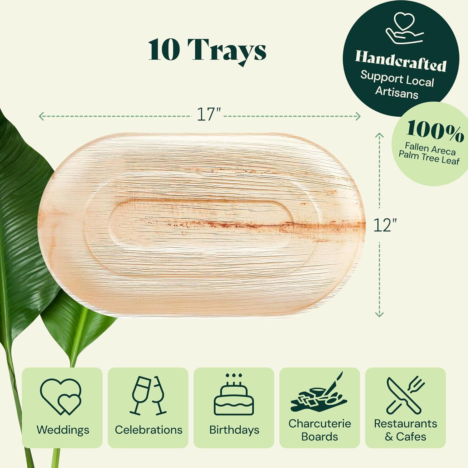 Chic Leaf Disposable Palm Leaf Trays, 17" x 12", 10 Pack, Compostable, Eco-Friendly Platters Charcuterie Board