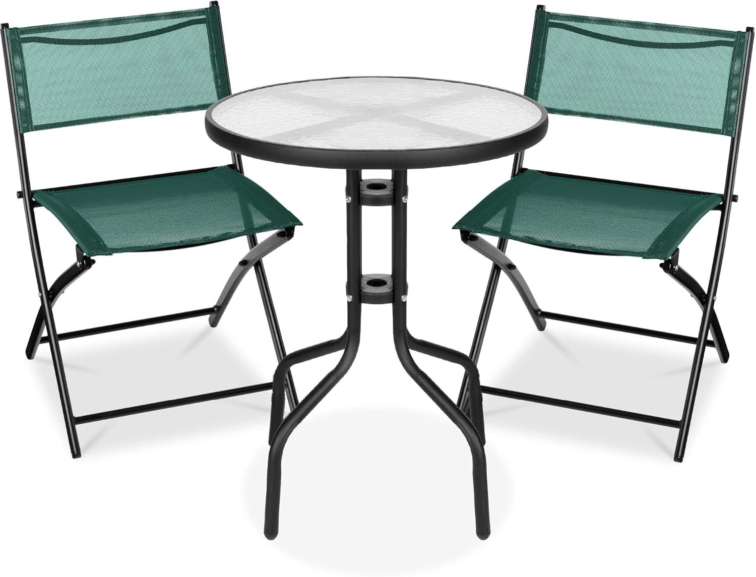 Best Choice Products 3-Piece Patio Bistro Dining Furniture Set w/ Glass Tabletop, Folding Chairs - Dark Green