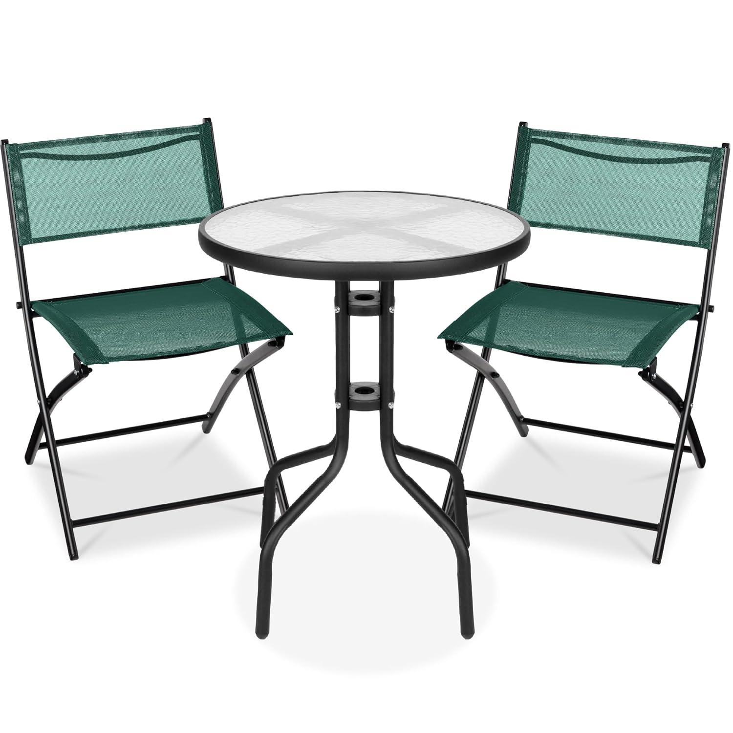Best Choice Products 3-Piece Patio Bistro Dining Furniture Set w/ Glass Tabletop, Folding Chairs - Dark Green