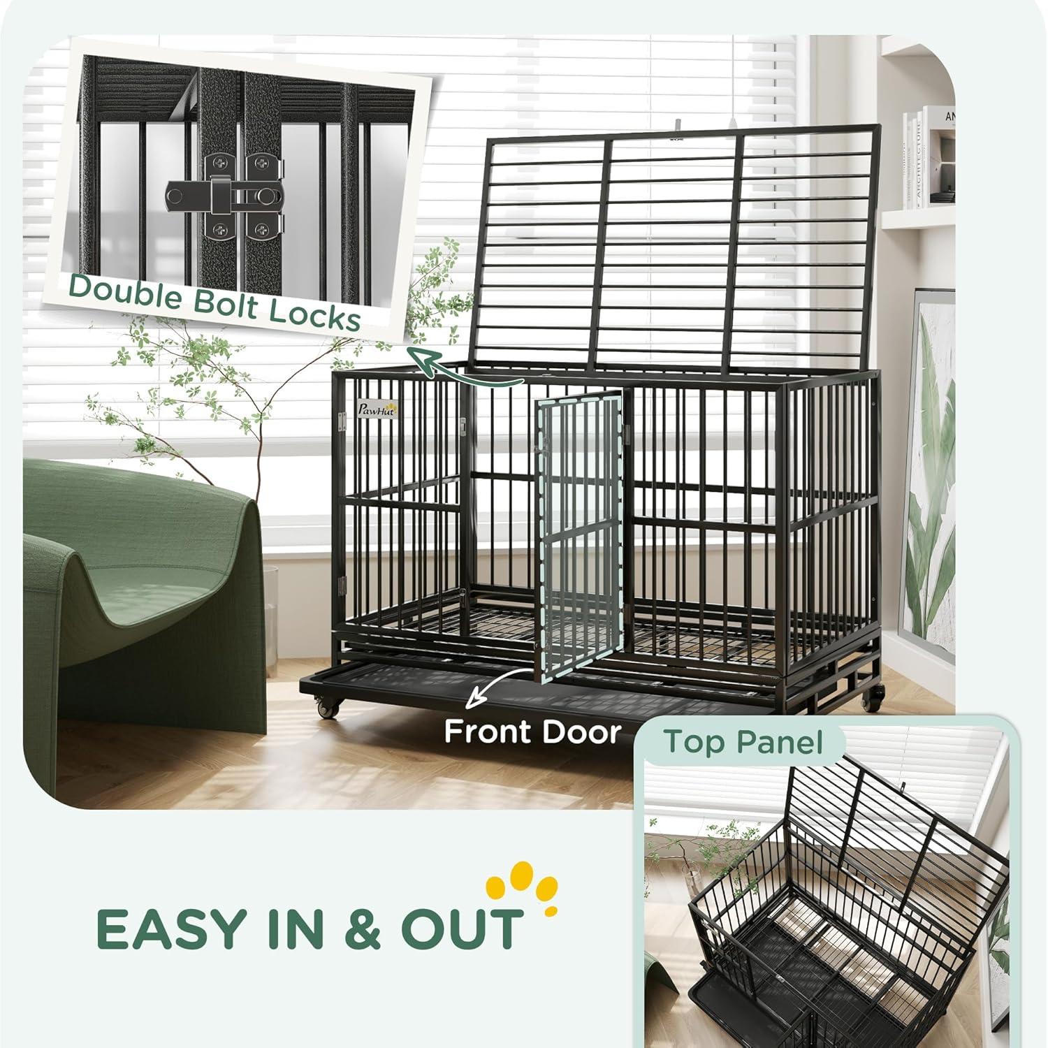 PawHut 48" Heavy Duty Dog Crate Metal Cage Kennel with Lockable Wheels, Double Door and Removable Tray, Gray