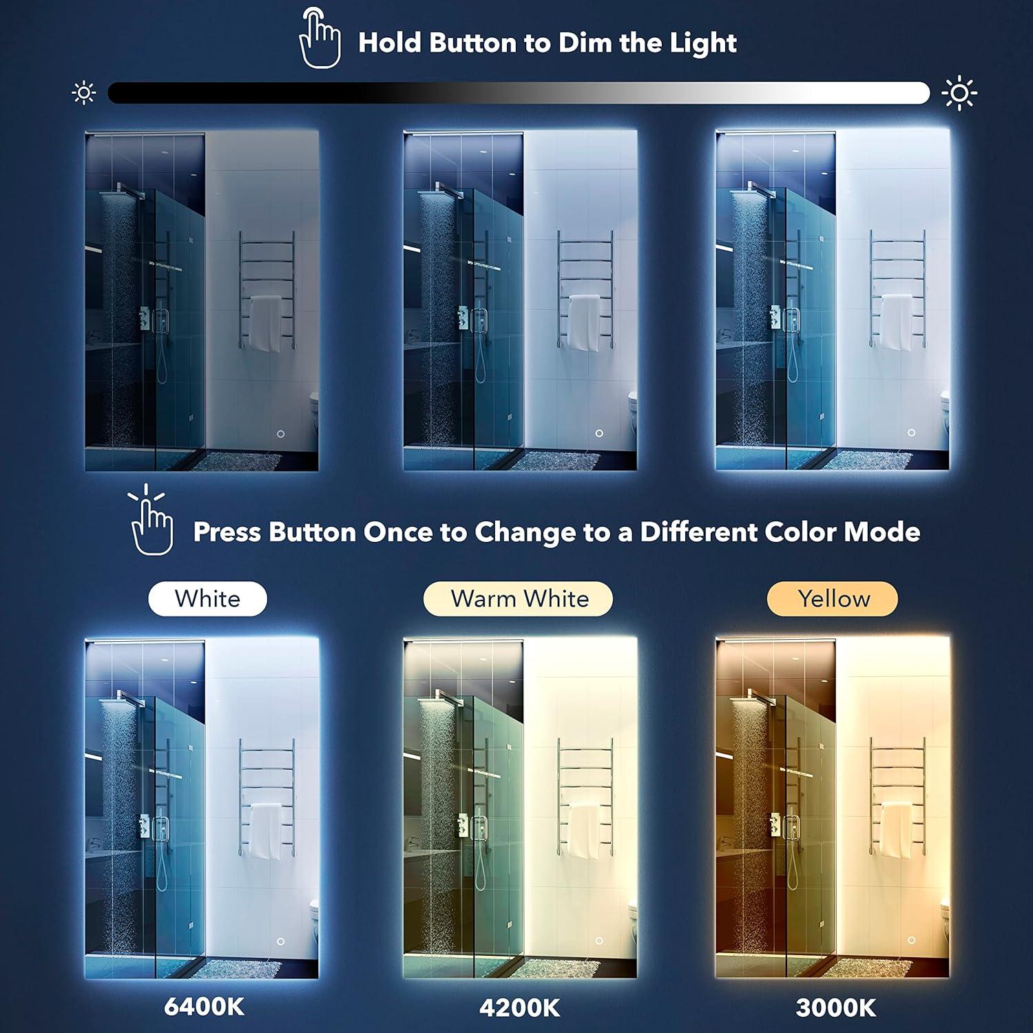 Nora 38" x 26" Rectangular Frameless Anti-Fog Aluminum Back-lit Tri-color LED Bathroom Vanity Mirror with Smart Touch Control - JONATHAN Y