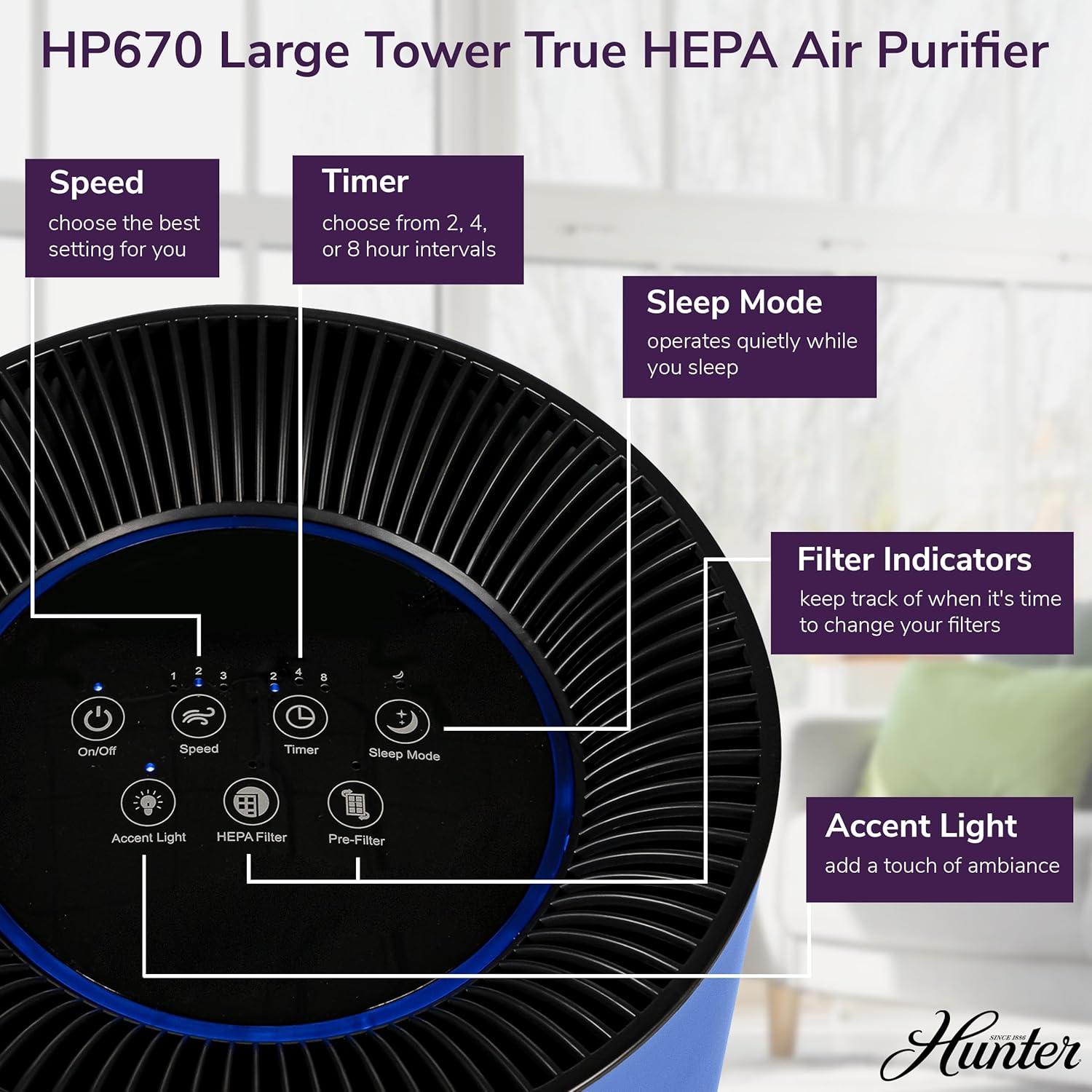 Hunter HP670 True HEPA Digital Tall Tower Air Purifier for Allergies, Removes Dust, Smoke, Mold, and Pollen, Covers up to 195 Sq. Ft.,